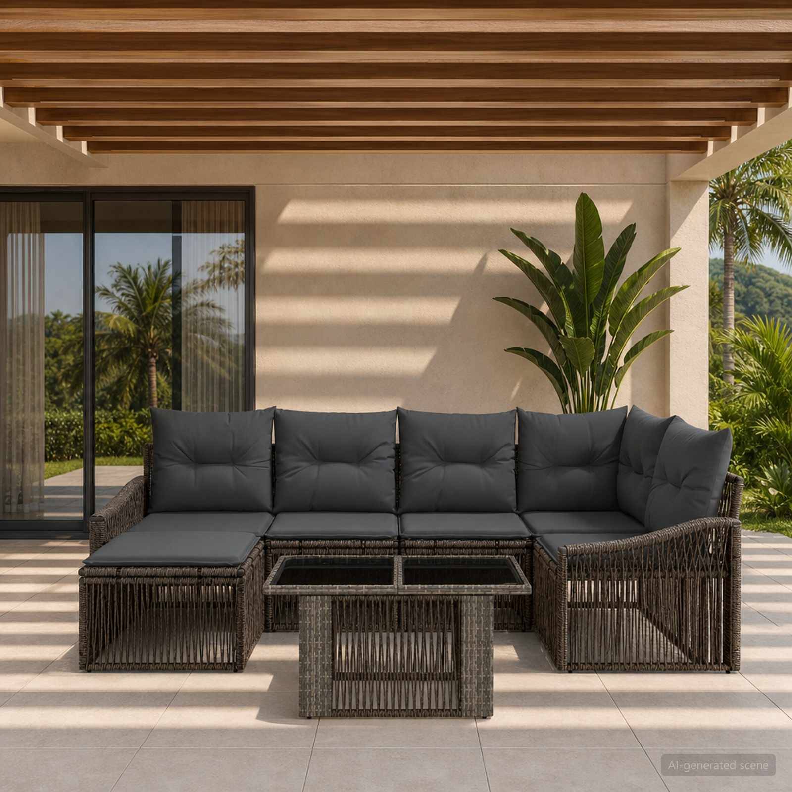 Außenterrasse mit dunklem Rattansektionalsofa und Glaskaffeetischen unter einer Lamellenpergola, neben Schiebetüren und tropischen Pflanzen.