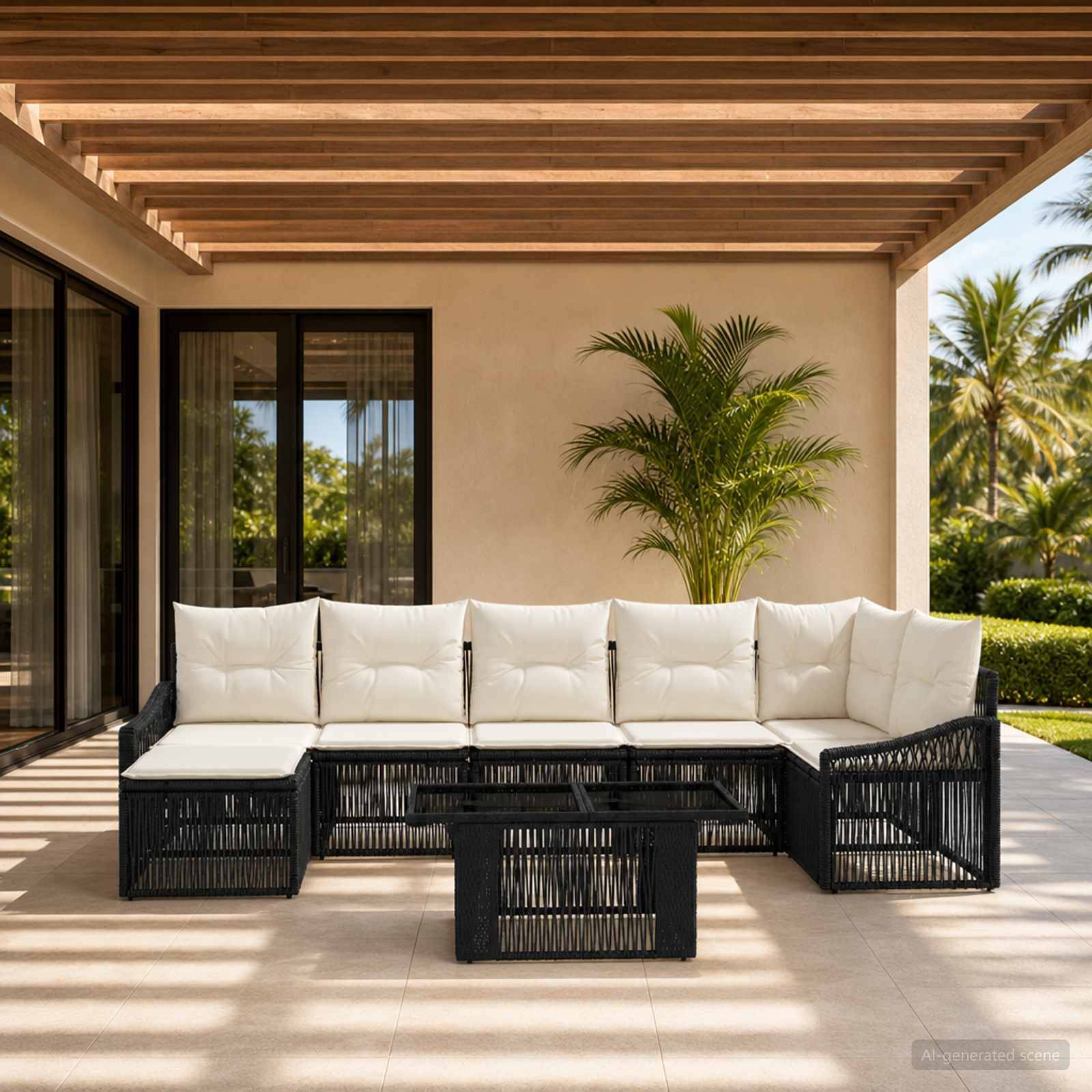 Outdoor-Terrasse mit schwarzem Rattan-Ecksofa und weißen Kissen unter einer Lamellenpergola, neben einem Kübel mit Palme und Gartenblick.