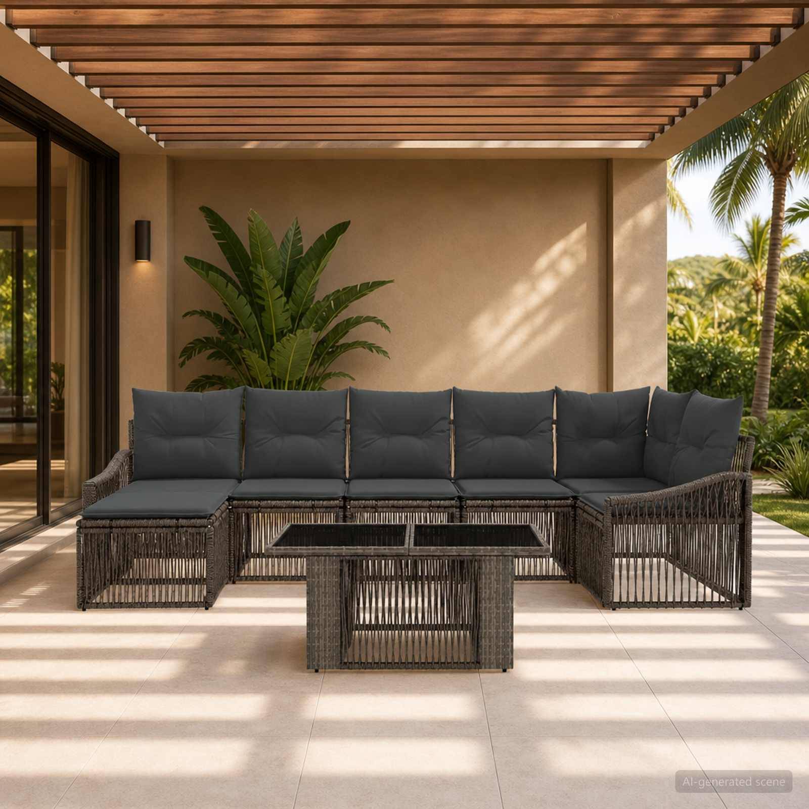 Außenbereich der Terrasse mit dunkelm Rattanecksofa, Glascouchtisch und großer Topfpflanze unter einer lamellierten Pergola.
