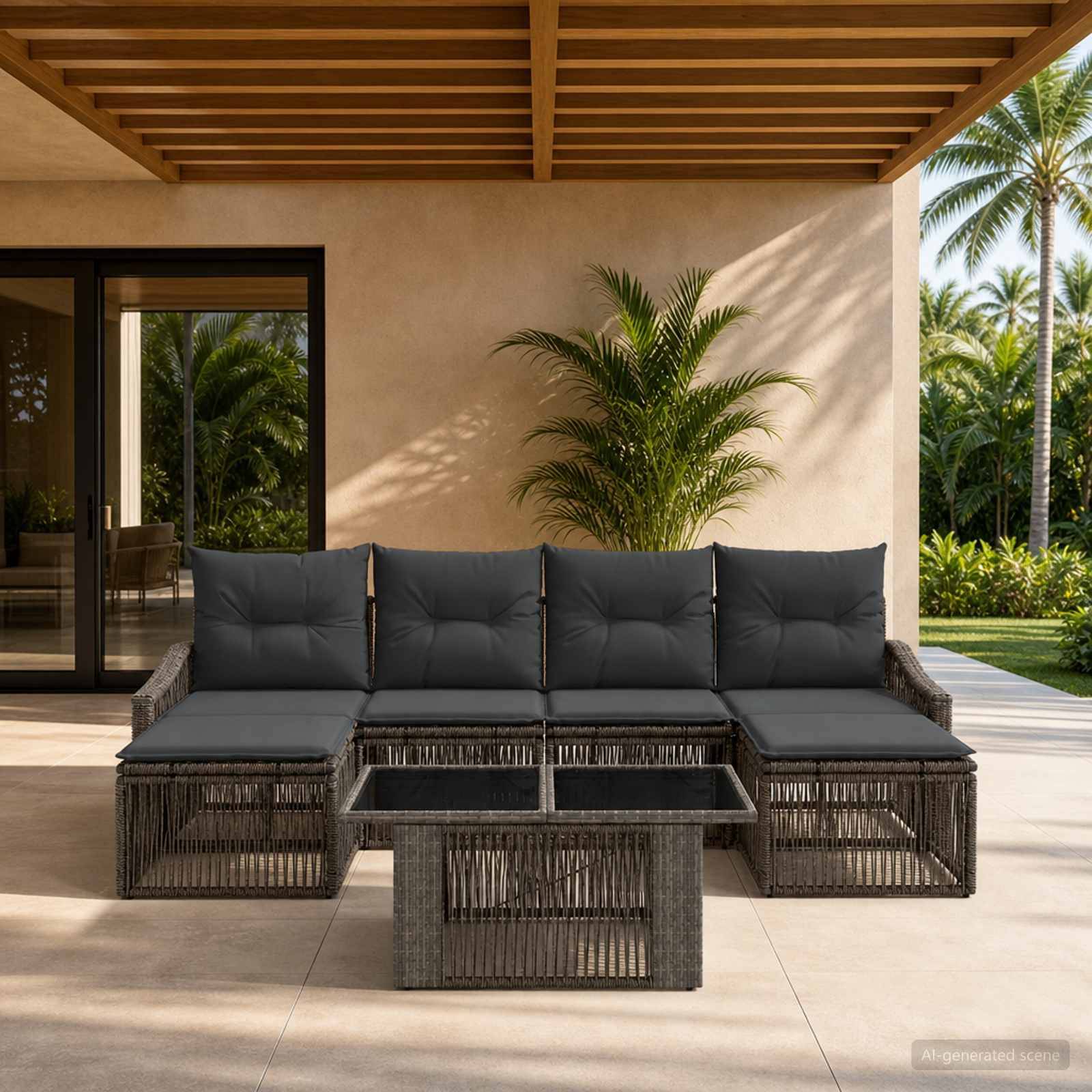 Außenterrasse mit dunklem Korb-Ecksofa und Glaskaffeetisch unter einer Holzpergola, umrahmt von tropischen Pflanzen und Palmen.