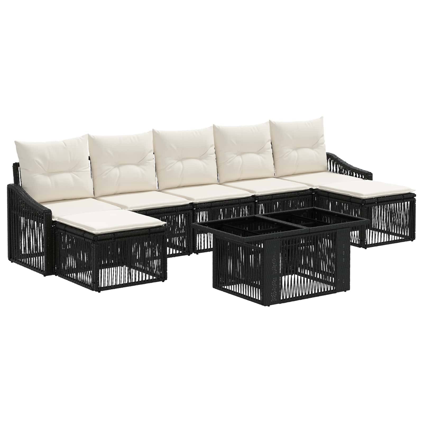 Schwarzes Outdoor-Sitzmöbel-Set aus Rattan mit cremefarbenen Kissen und passendem schwarzem Couchtisch auf weißem Hintergrund.