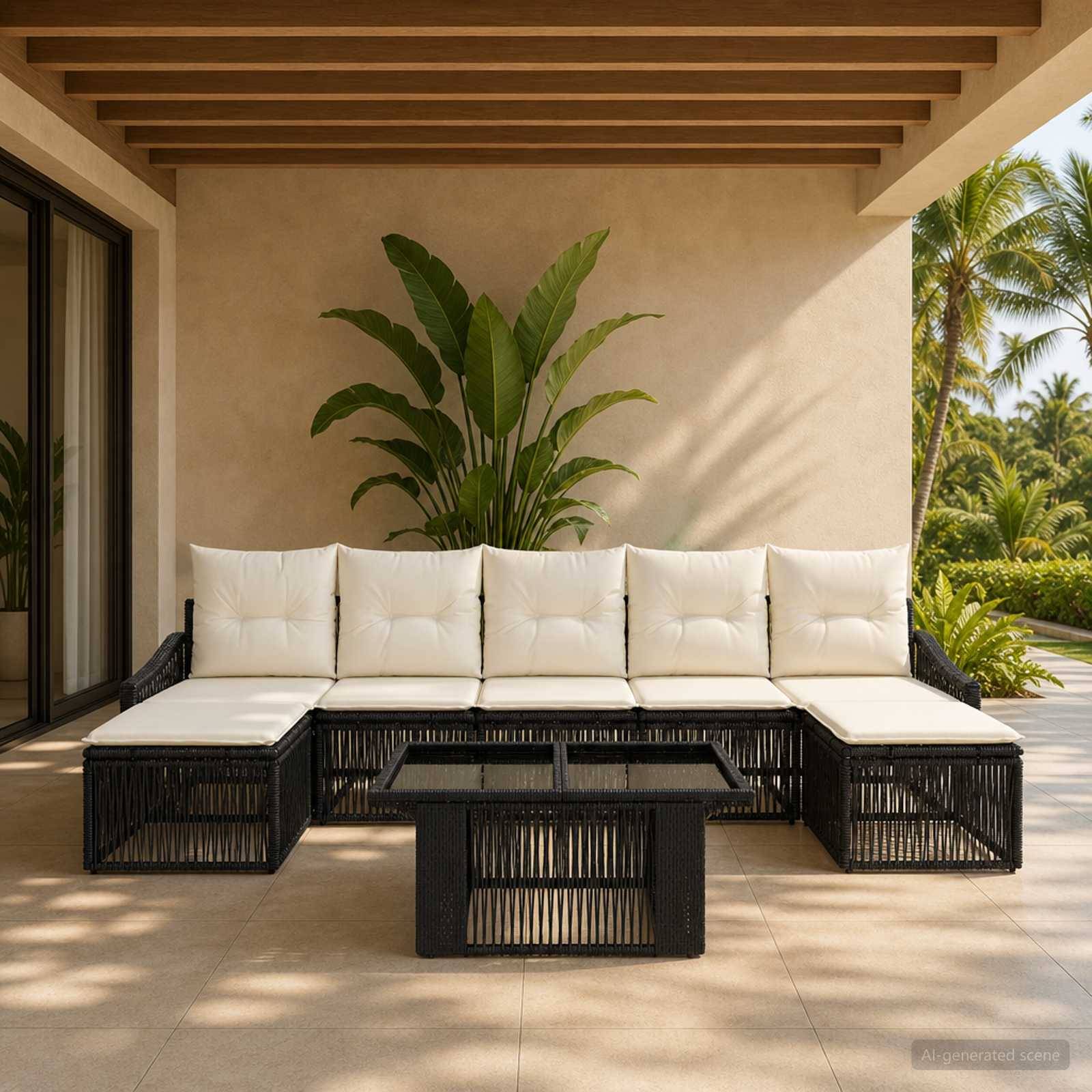 Terrassenbereich mit einer L-förmigen schwarzen Rattan-Gartencouch, cremefarbenen Kissen, Glascouchtisch und tropischen Pflanzen im Hintergrund.