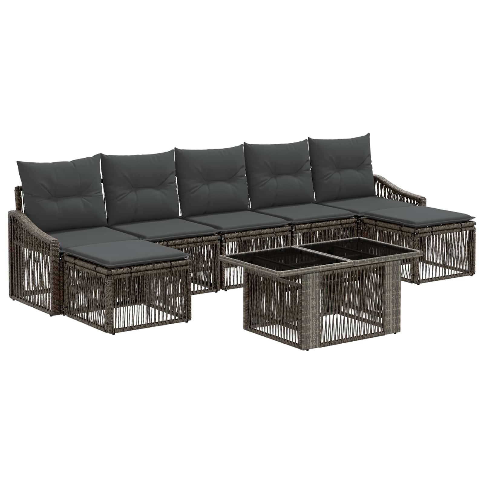 Modulares Outdoor-Sitzmöbel-Set mit dunklen Kissen und geflochtenen Rattanstil-Rahmen, einschließlich eines passenden Couchtisches.