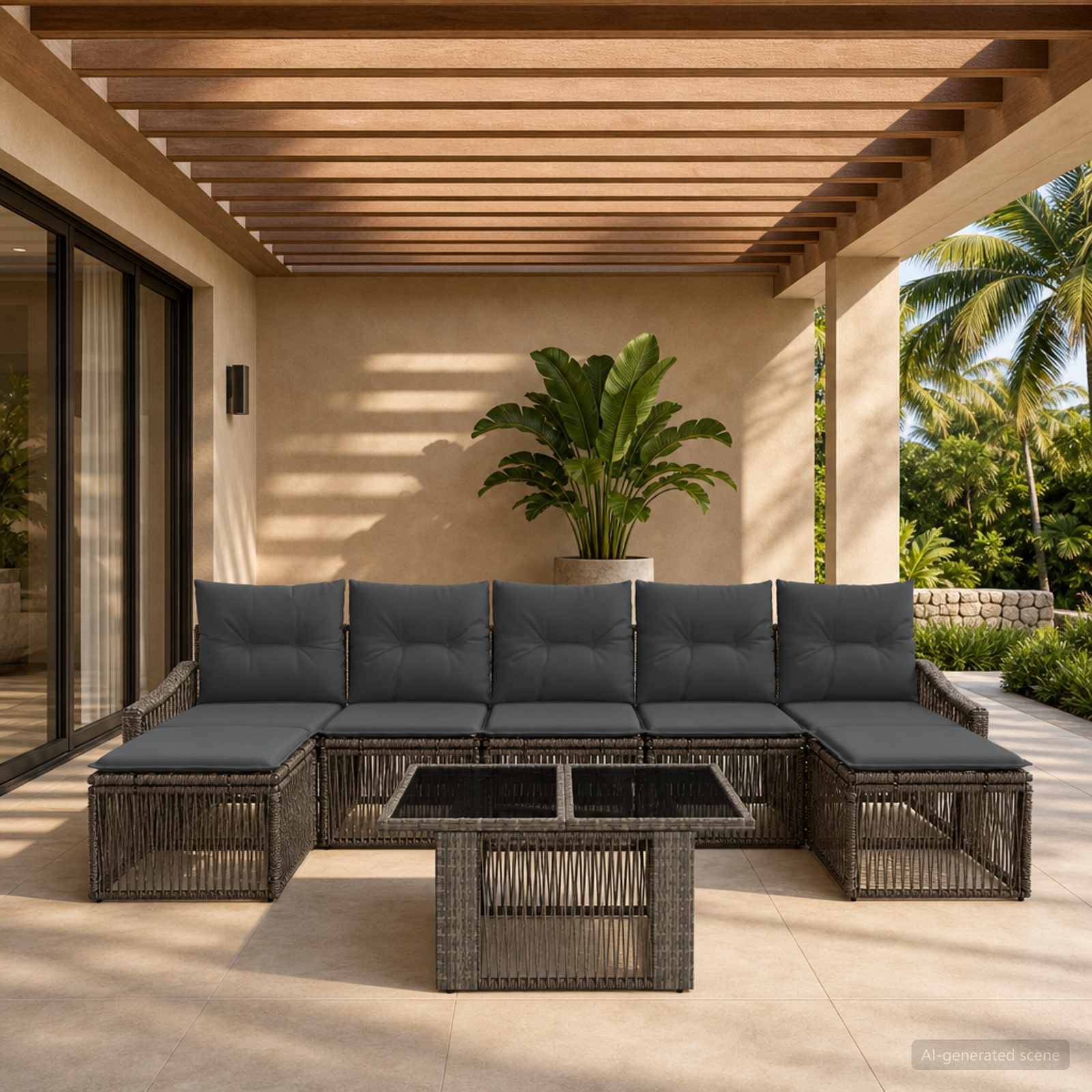Outdoor-Terrasse mit grauem Rattan-Ecksofa und Glascouchtisch unter einer lamellenverglasten Pergola, umrahmt von Tropenpflanzen und Palmen.
