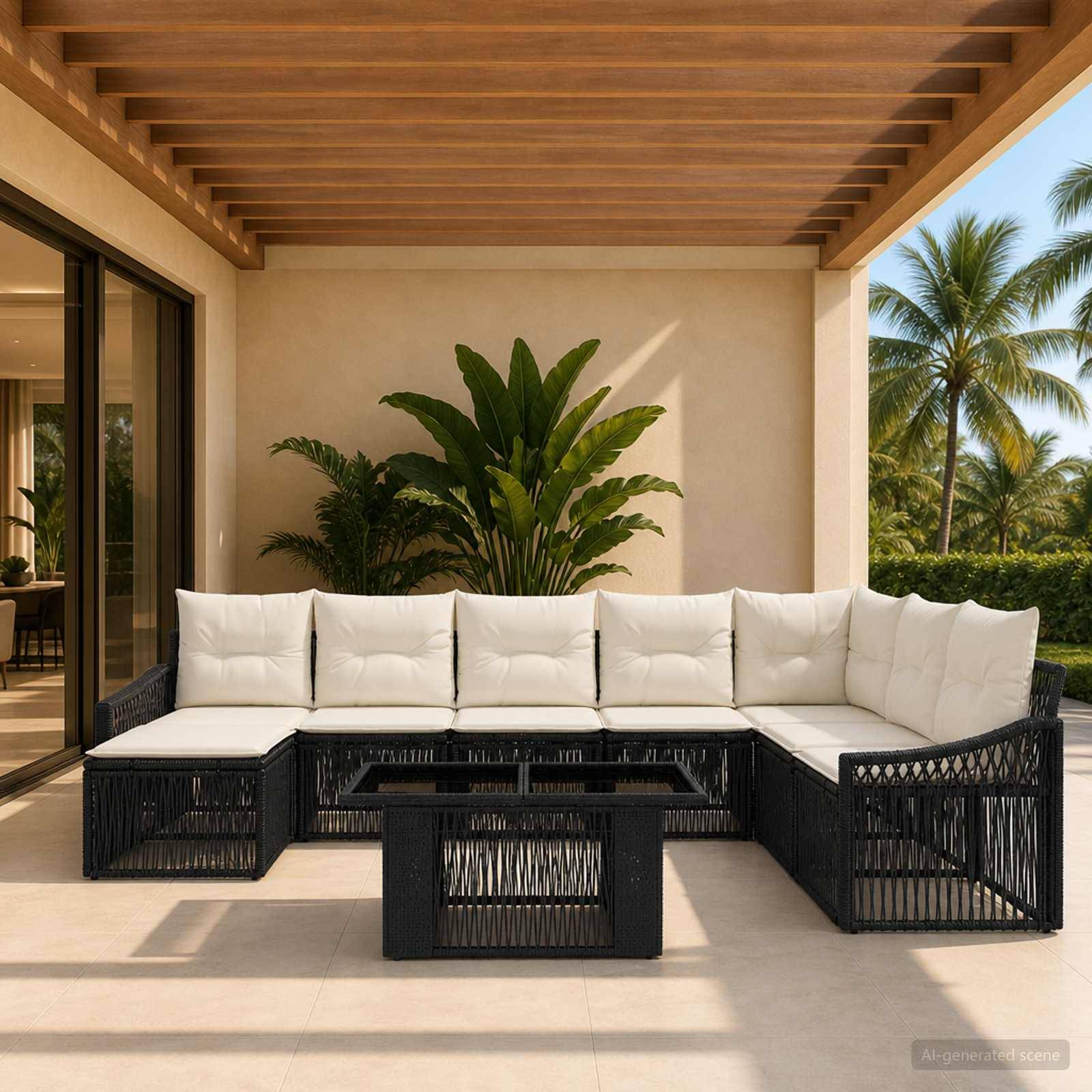 Überdachte Terrasse mit weißem Ecksofa und schwarzem Couchtisch, eingerahmt von Topfpflanzen im Tropenstil und Palmen draußen.