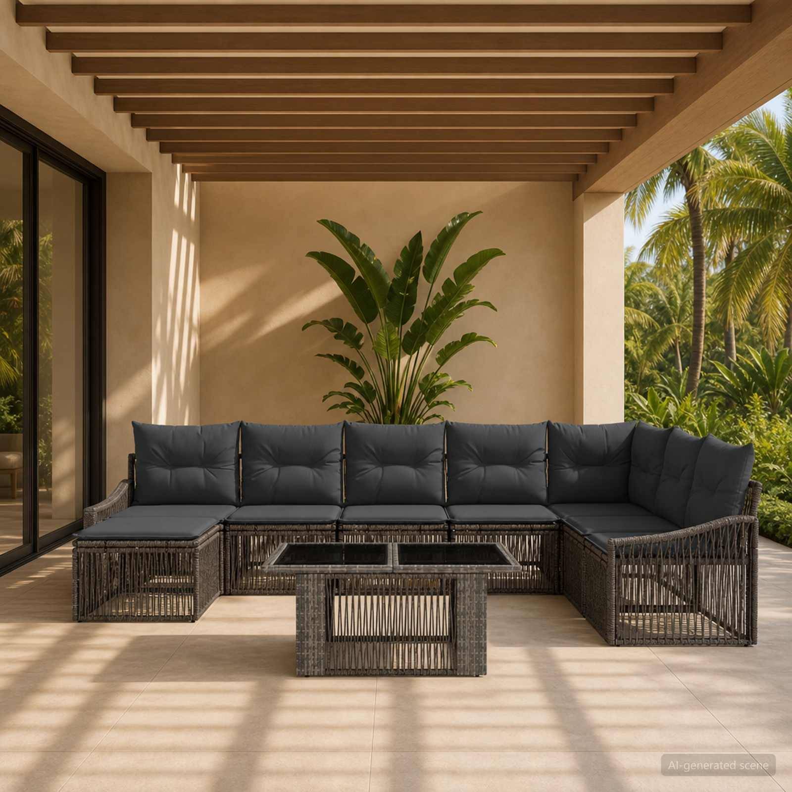 Outdoor-Terrasse mit dunklem Rattan-Ecksofa und Couchtisch unter einer Pergola, umrahmt von tropischen Pflanzen und Palmen.