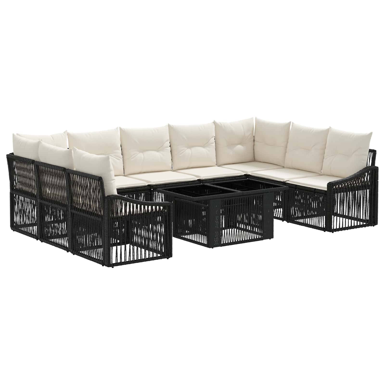Schwarzes Rattan-L-förmiges Patio-Sofa mit cremefarbenen Kissen und integriertem Glastisch auf weißem Hintergrund.