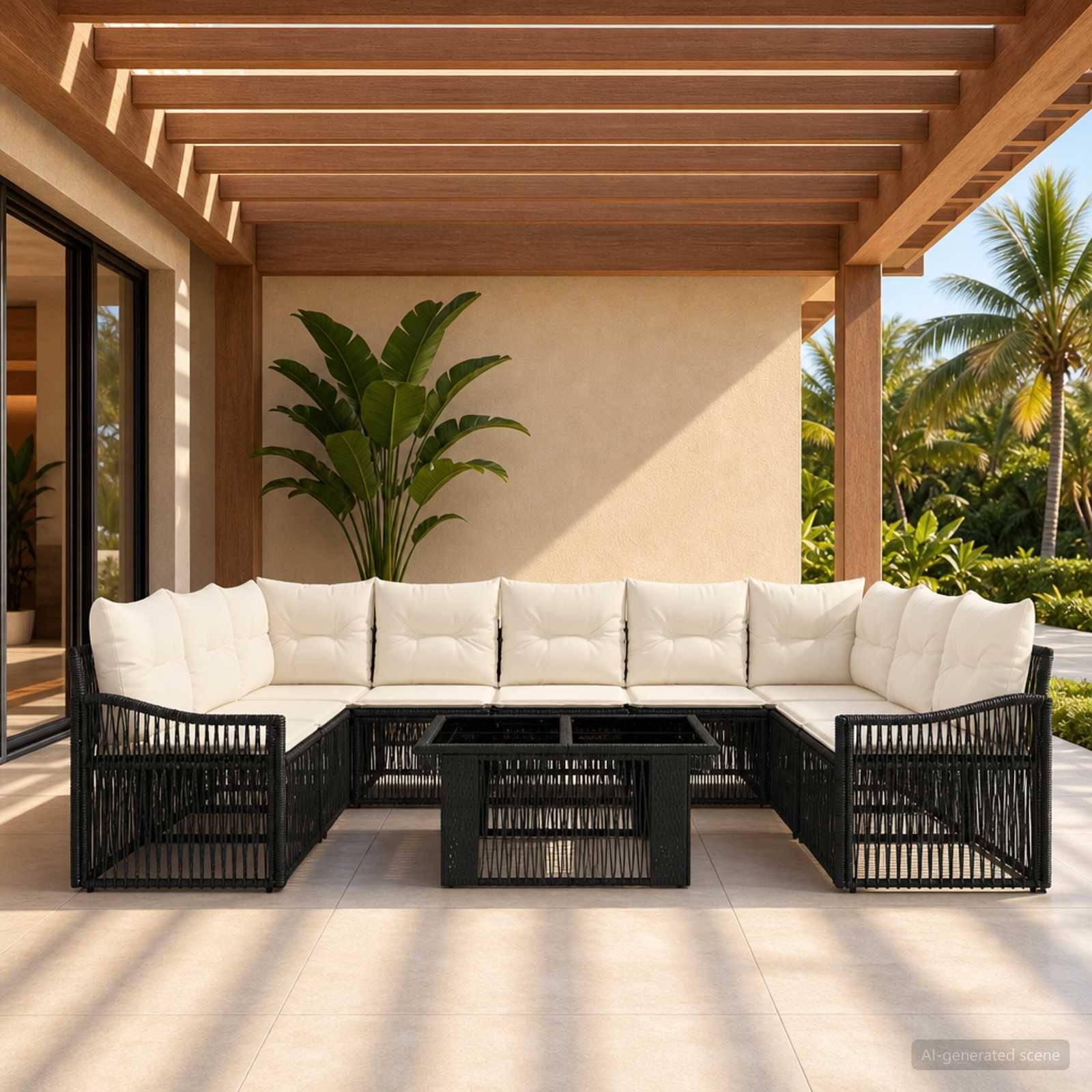 Outdoor-Terrasse mit einem schwarzen Rattan-Ecksofa und Glaskaffeetisch unter einer Holzpergola, mit tropischen Pflanzen und Sonnenlicht.