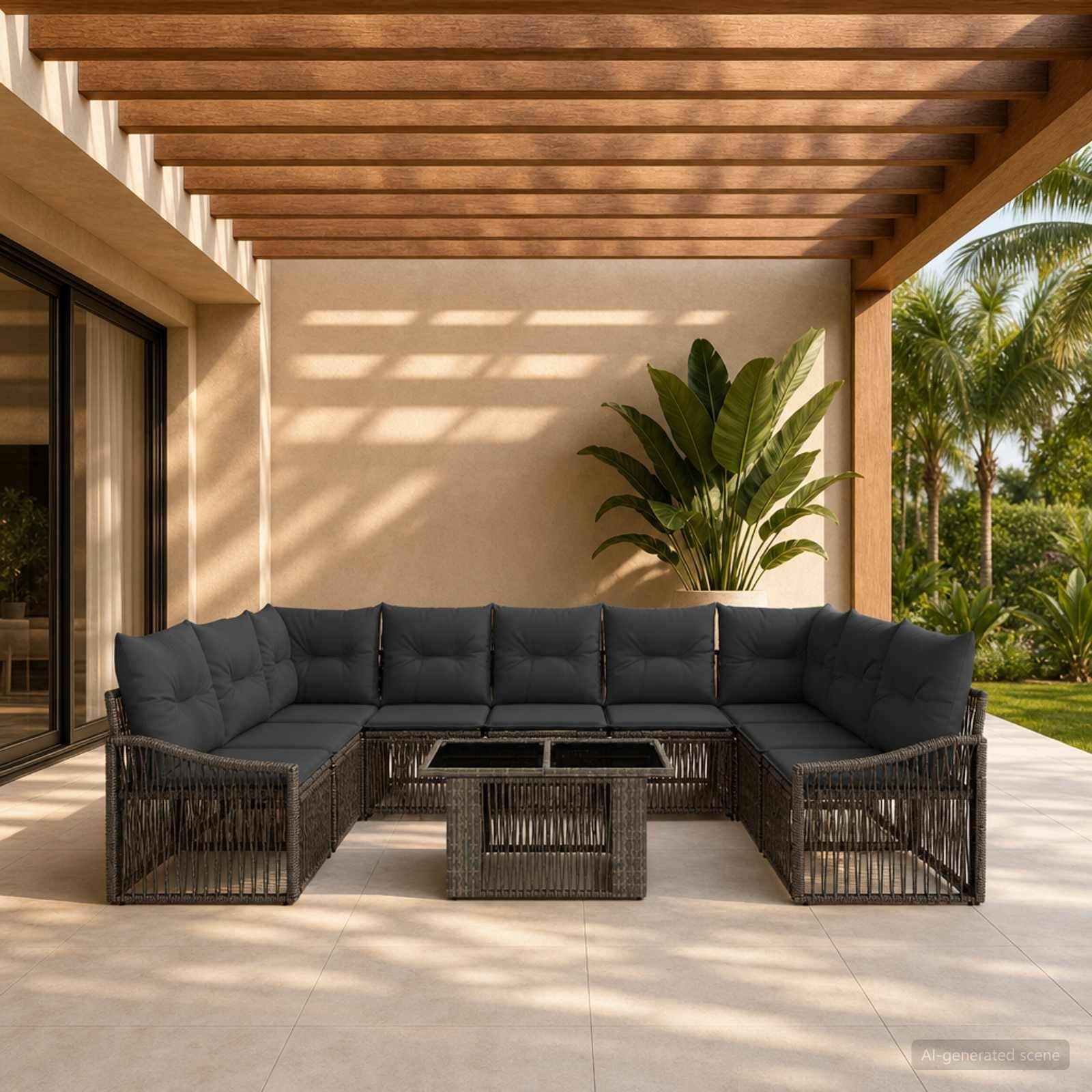 Überdachte Außenterrasse mit L-förmigem dunklem gewebtem Ecksofa und Couchtisch, umrahmt von Holzbalken, getopfte tropische Pflanze und Gartenpalmen.