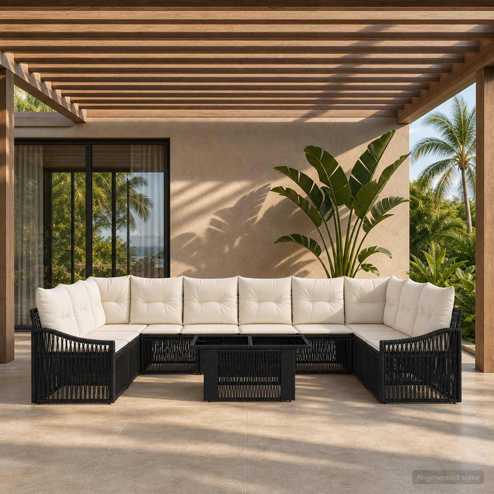 Moderne Außenveranda mit einer L-förmigen weißen Eckcouch, schwarzem Rattanrahmen, niedrigem schwarzem Couchtisch und einer Topfpalme unter einer lamellenbedachten Pergola.
