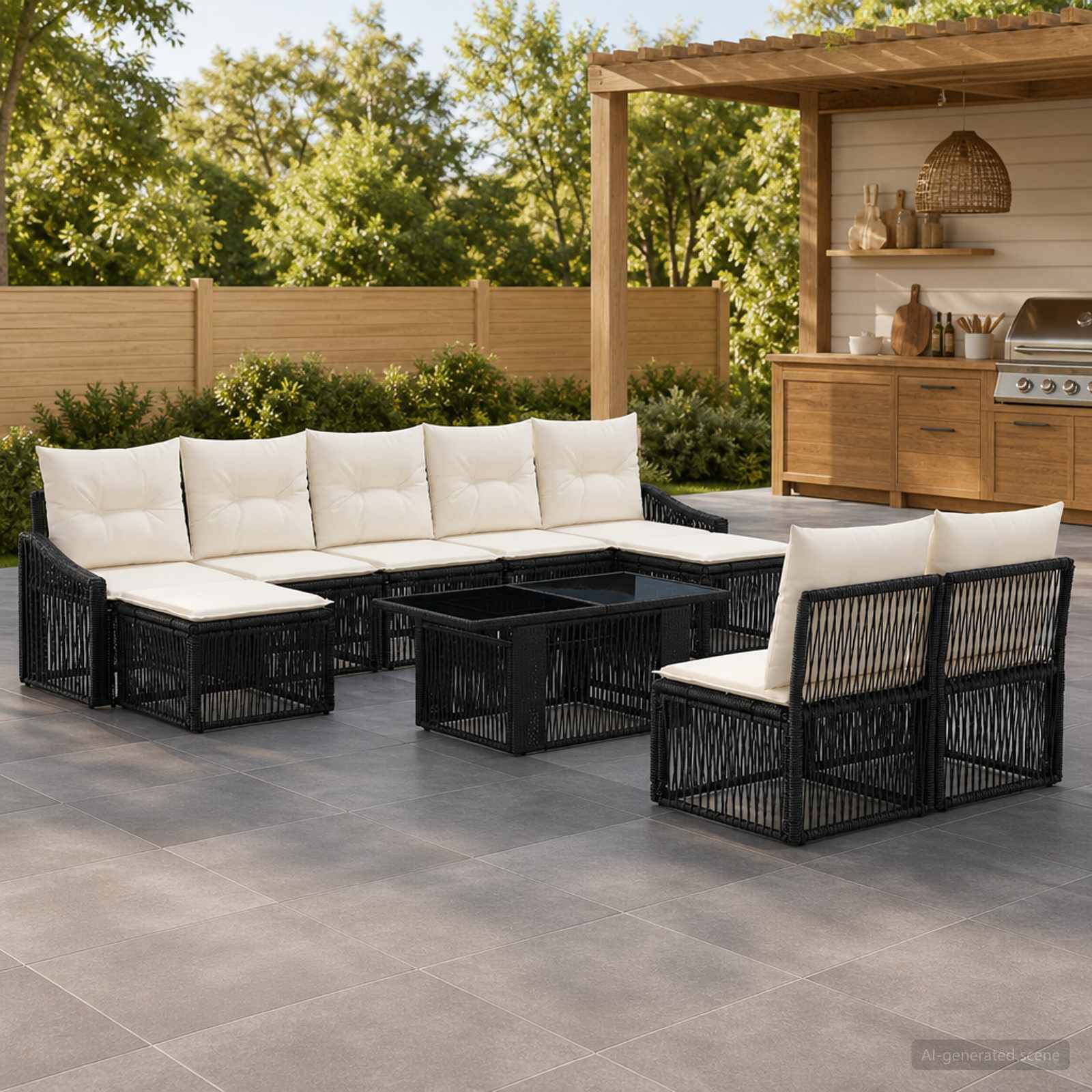 Outdoor-Sitzgruppe mit schwarzen geflochtenen Ecksofa-Modulen und cremefarbenen Kissen, die um einen quadratischen Couchtisch angeordnet sind, neben einer hölzernen Außenküche.