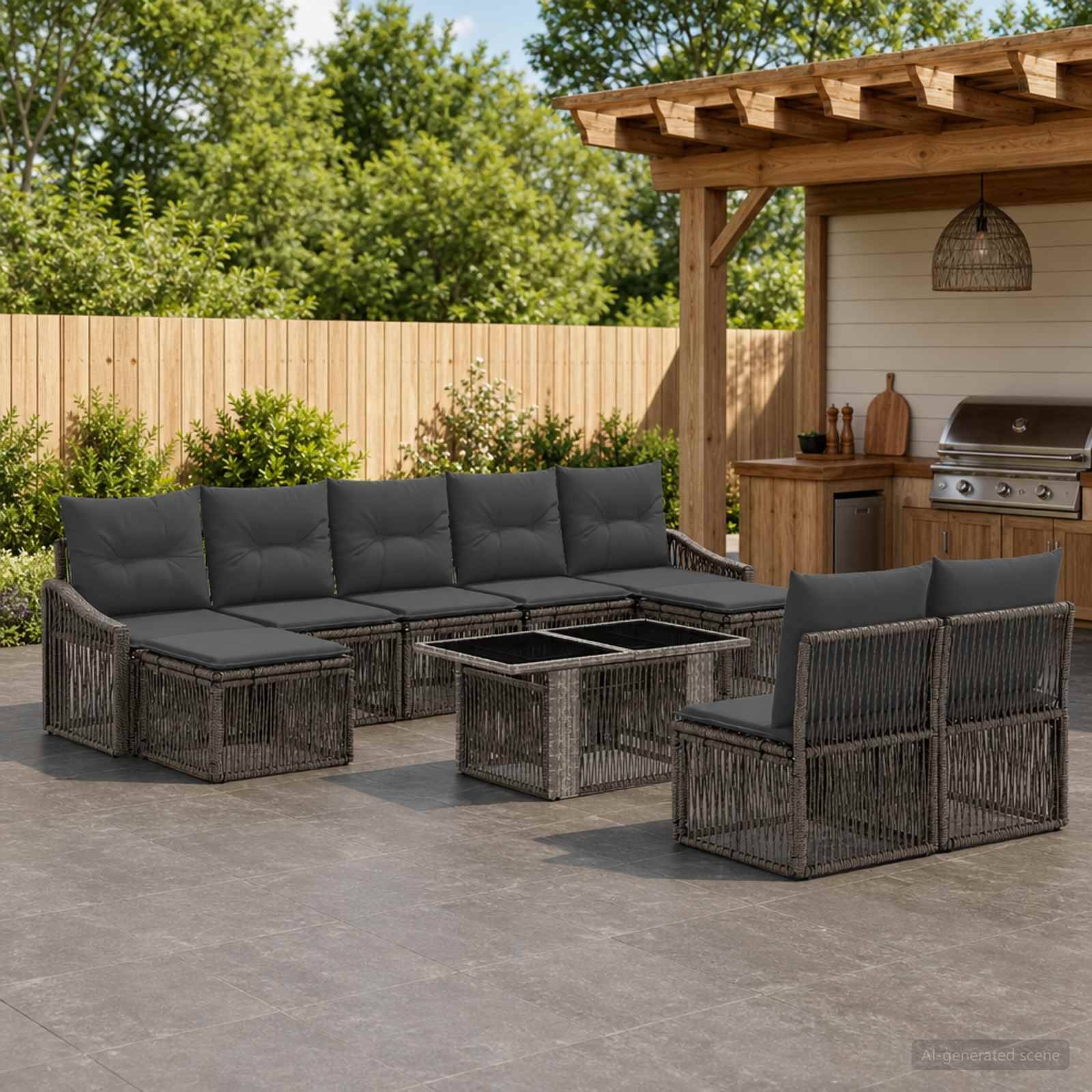 Outdoor-Terrassenmöbel-Set mit dunklem Polyrattan-Sitzkomplement, Stühlen und Glastisch neben einer Hof-Pergola und Grill.