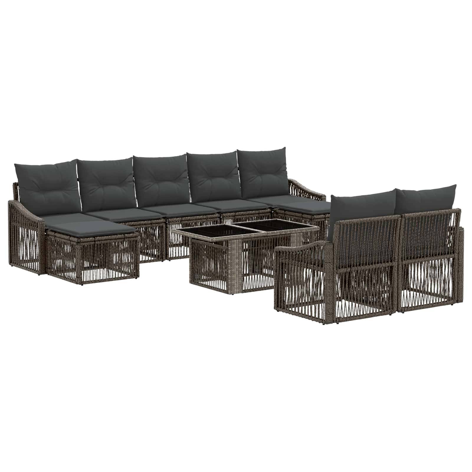 Outdoor-Patio-Sektionalmöbel-Set mit dunkelgewebten Rahmen, grauen Kissen, passenden Ottomanen und zwei quadratischen Couchtischen