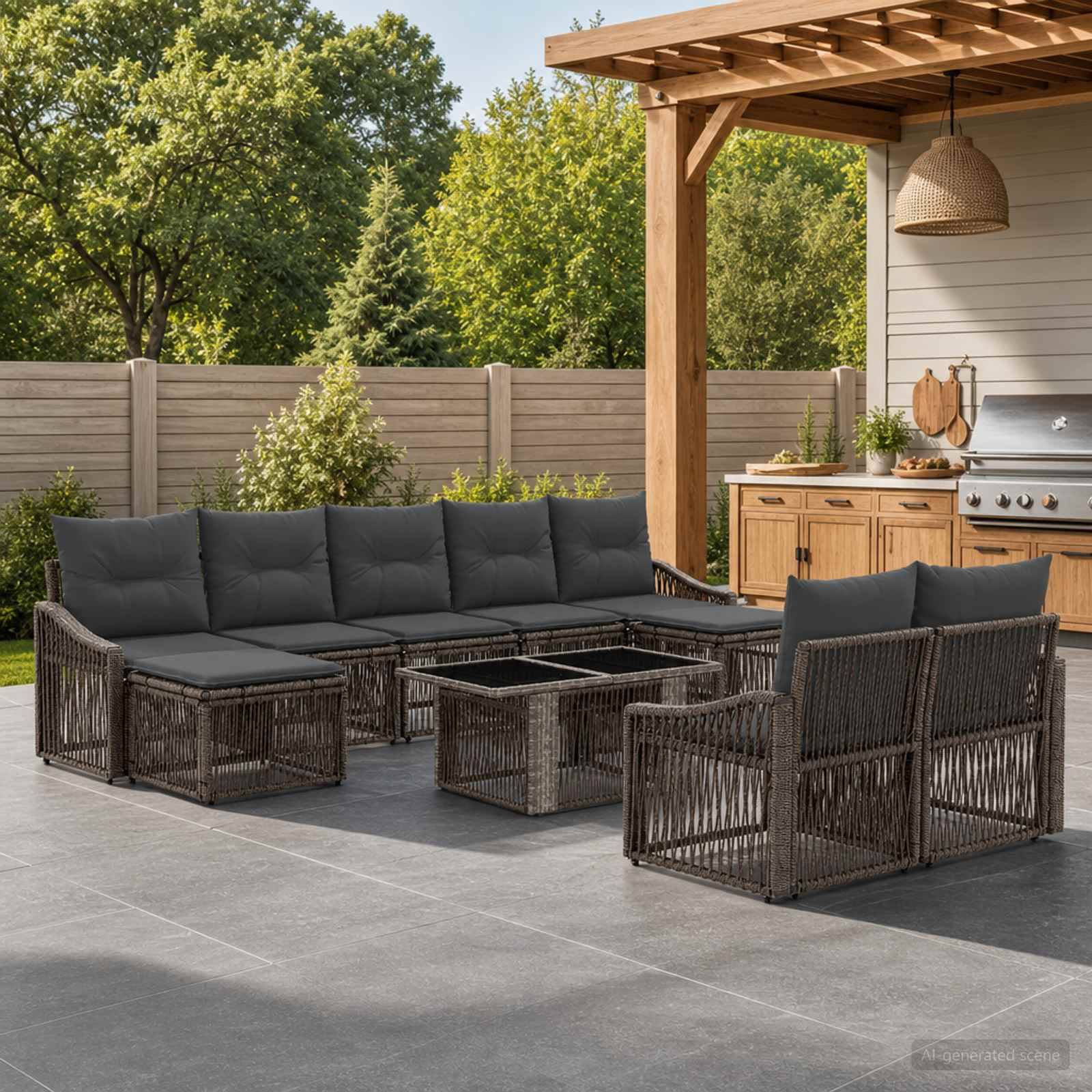 Außenterrasse mit dunklen Rattan-Eckgarnituren und Couchtischen neben einem überdachten Grill und Holzschränken unter einer Pergola.