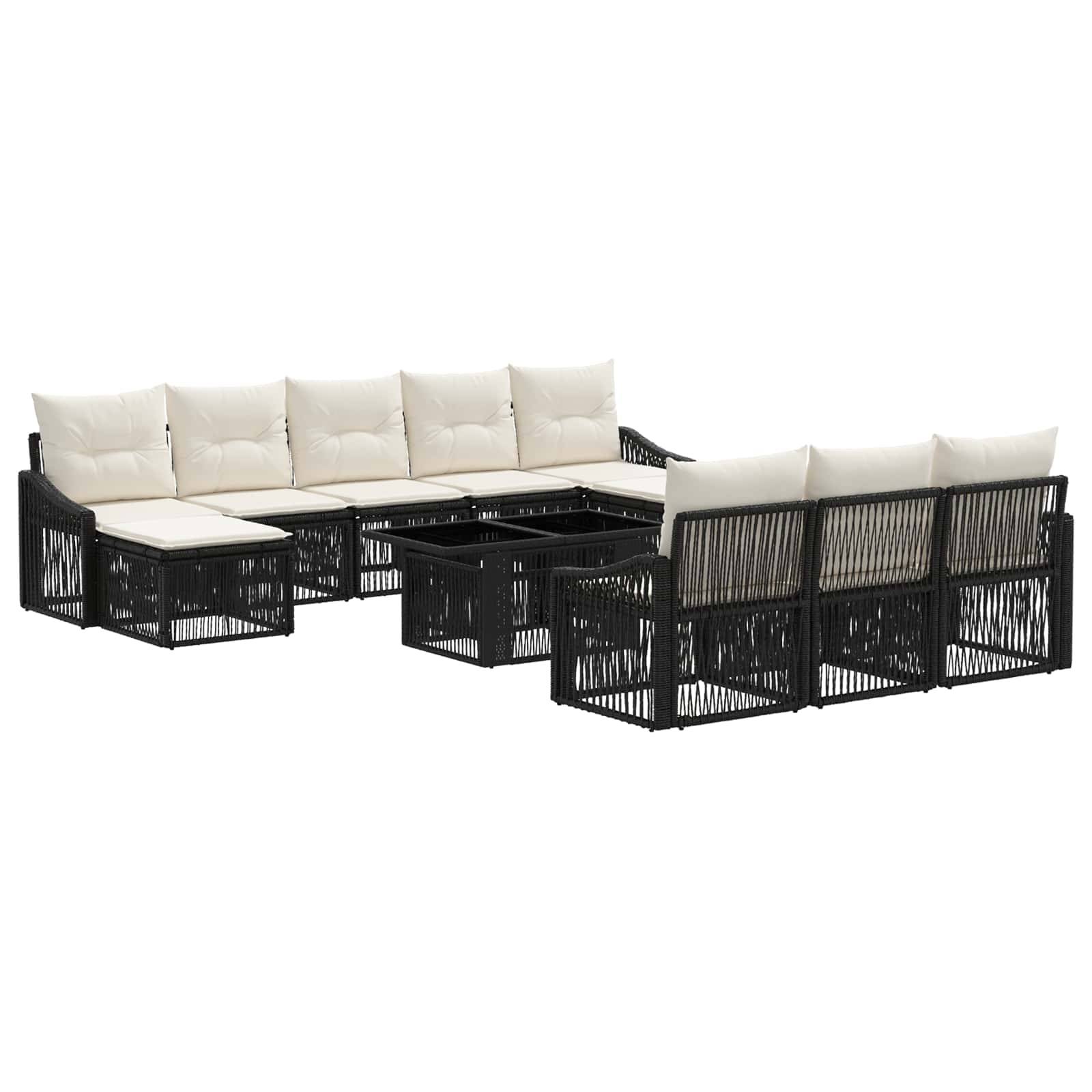 Schwarzes Gartensektionalsofa aus Rattan mit cremefarbenen Kissen und passendem Sitzkissen, auf weißem Hintergrund dargestellt.