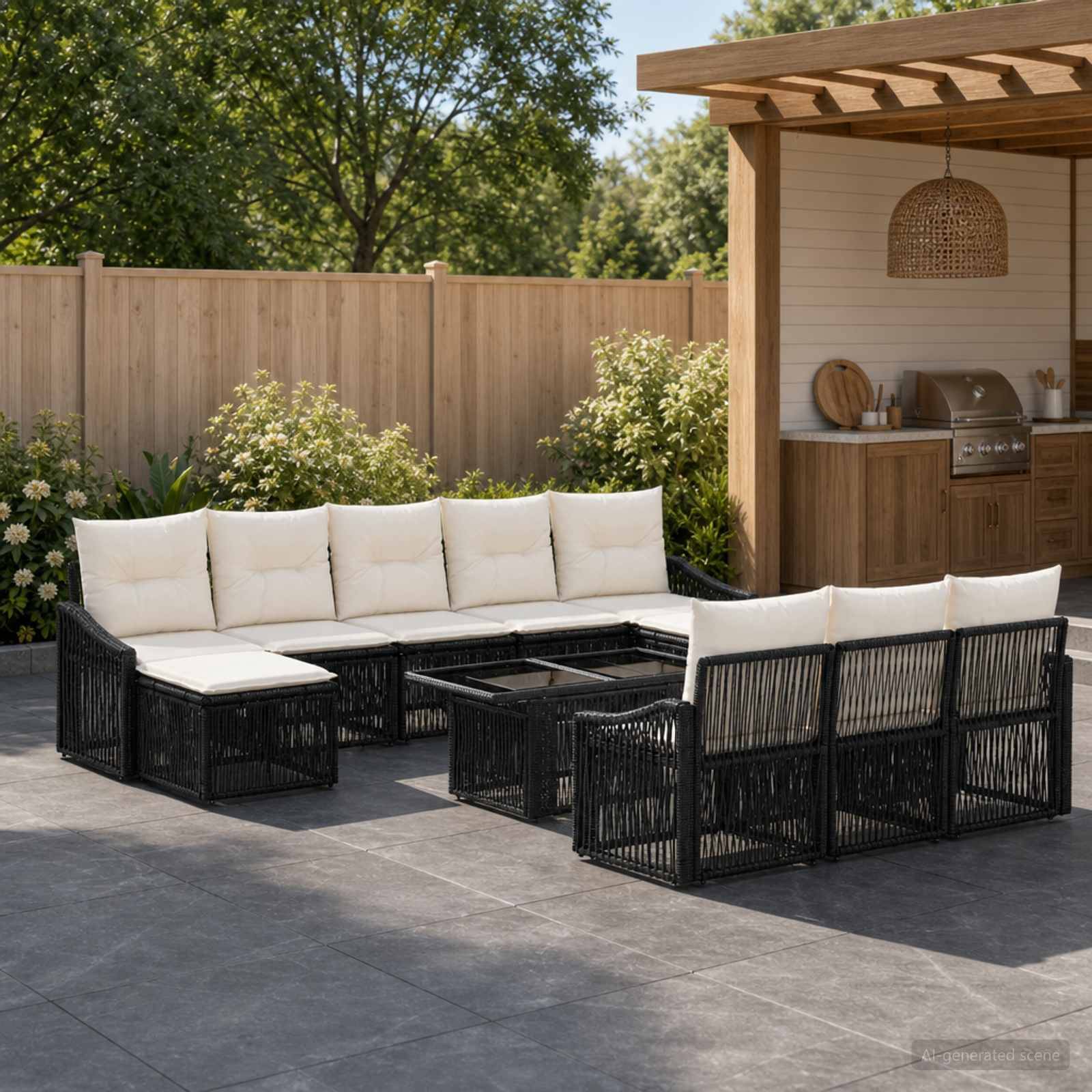 Außenbereich mit schwarzem Rattan-Ecksofa und cremefarbenen Kissen, die um eine quadratische Feuerstelle angeordnet sind, neben einer Außenküche im Hinterhof und einem Holzzaun.