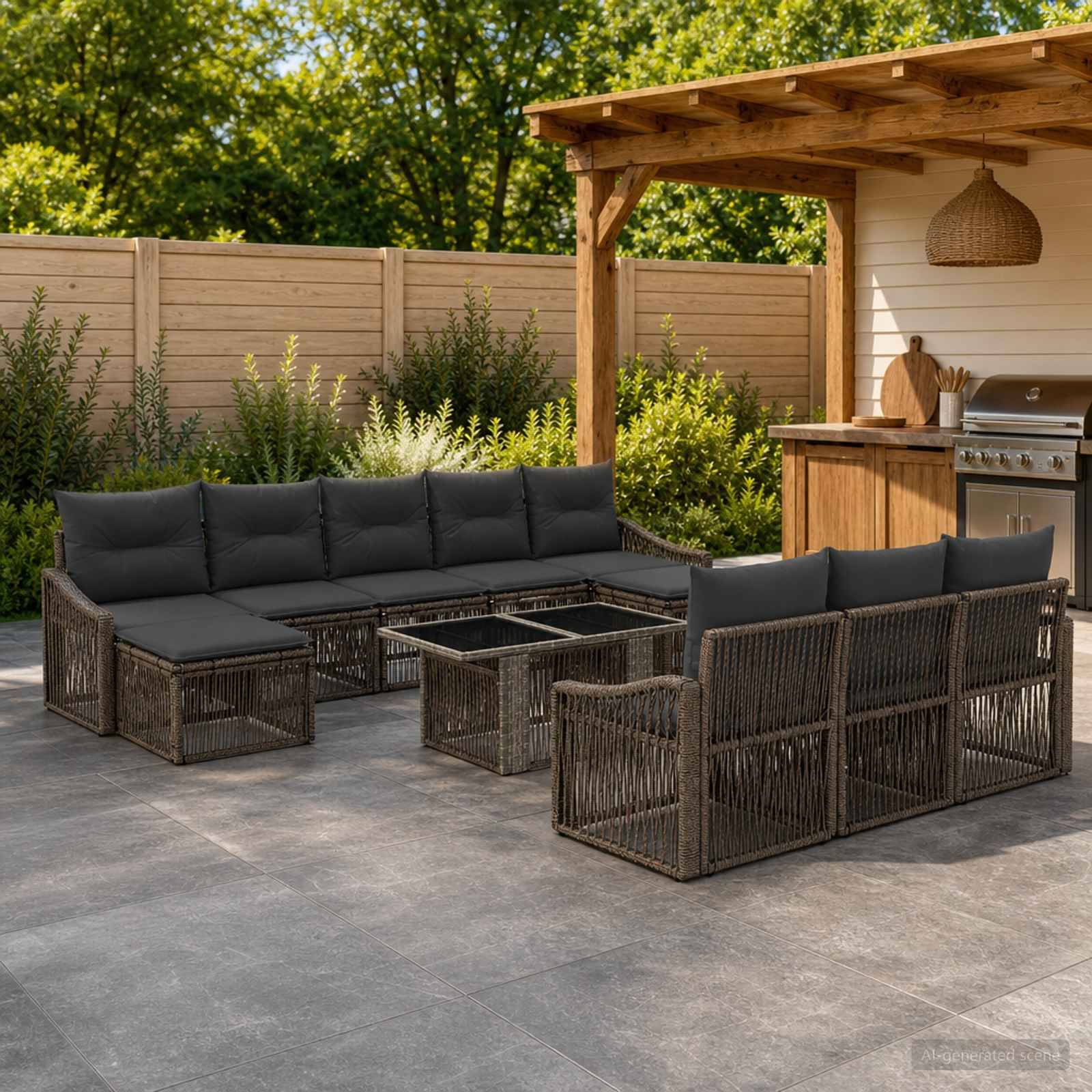 Outdoor-Terrasse mit Rattan-Eckgarnitur und Couchtisch neben einer Holzpergola und einer Outdoor-Bar.