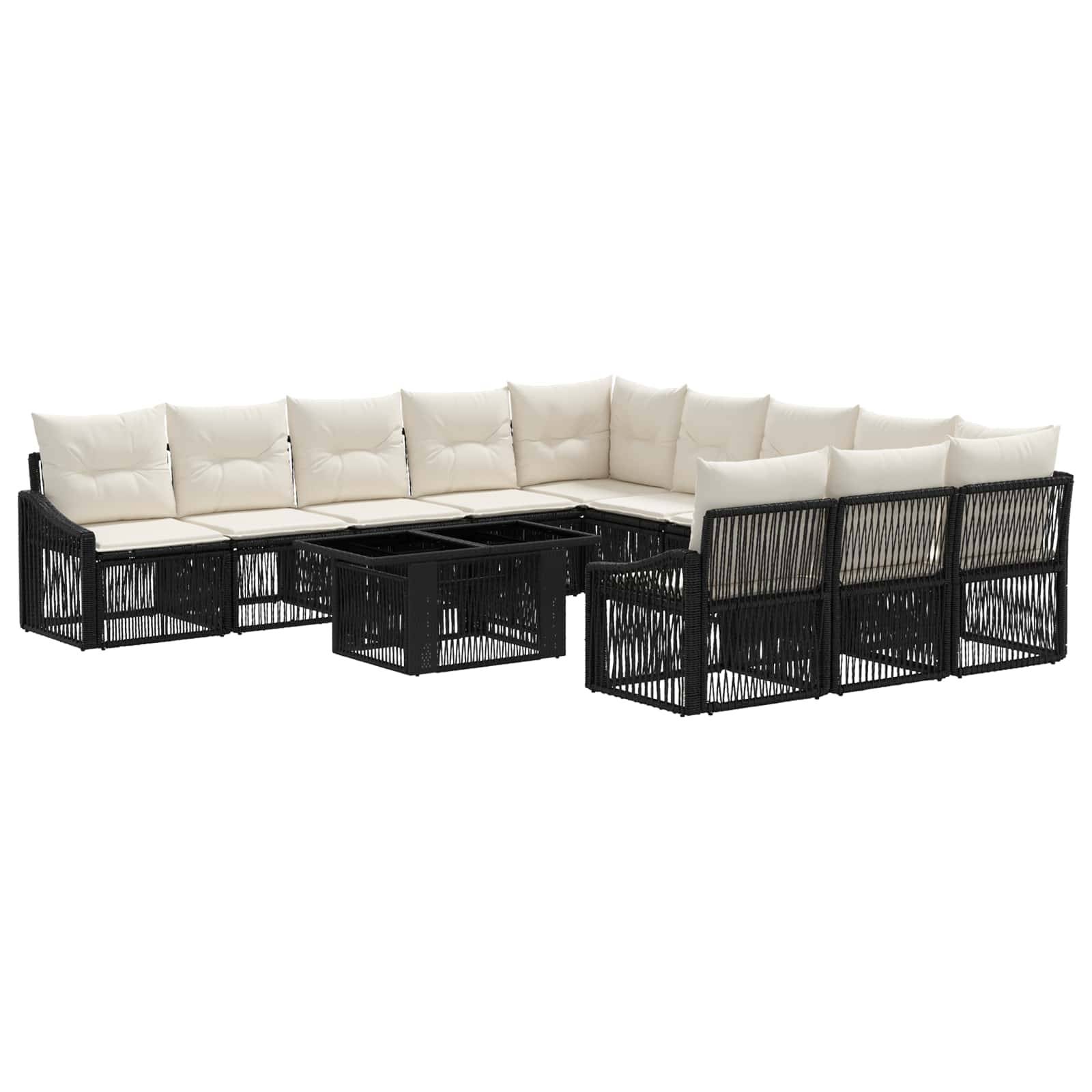 Schwarzes Outdoor-Ecksofa-Set mit cremefarbenen Kissen und passendem Couchtisch auf weißem Hintergrund.