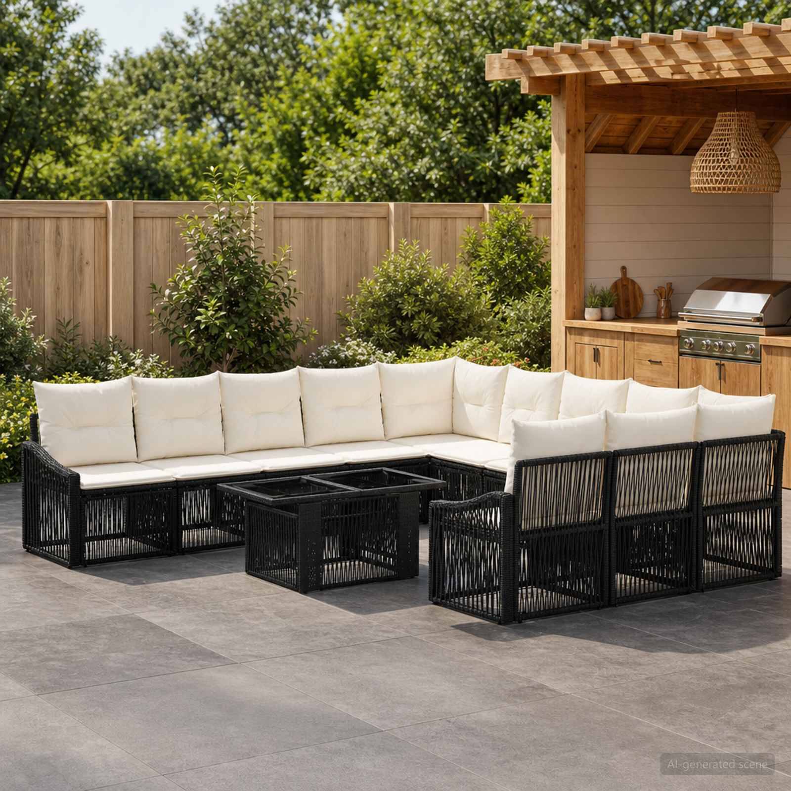 Außenbereich einer Terrasse mit einer L-förmigen schwarzen Rattansitzgarnitur und cremefarbenen Kissen um einen Couchtisch neben einer Holzbar und einem Grill.