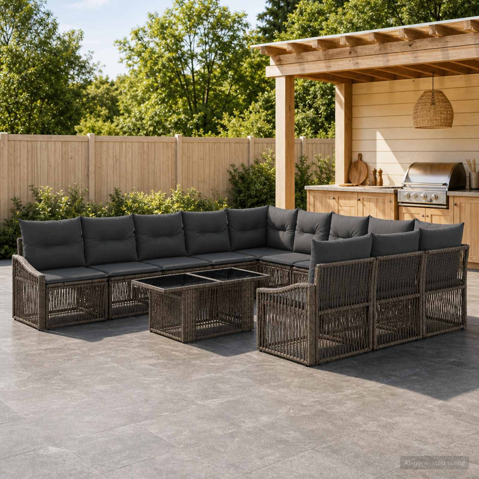 Außenterrasse mit einem dunklen Rattansektional und Couchtisch neben einer Holzgrill-Pergola in einem umzäunten Hinterhof.