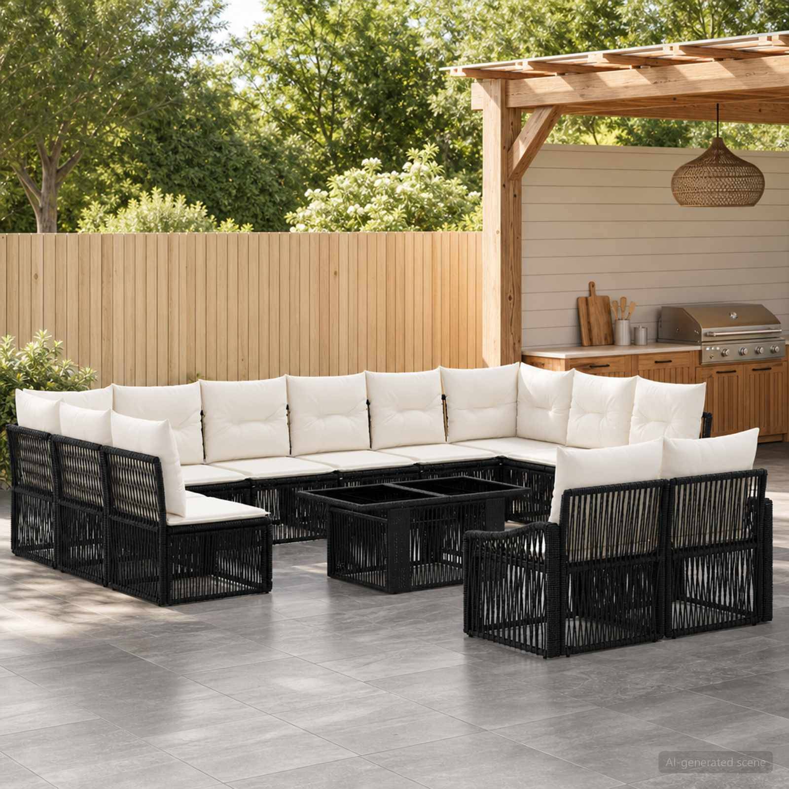 Außenterrasse mit schwarzem Rattan-Ecksofa und weißen Kissen rund um verschachtelte Couchtische, neben einer Pergola und einem Grillbereich im Freien.