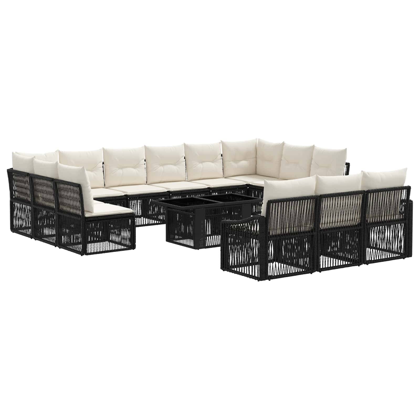 U-förmiges Outdoor-Ecksofa-Set mit schwarzen geflochtenen Rahmen, weißen Kissen und passendem niedrigem Tisch auf weißem Hintergrund.