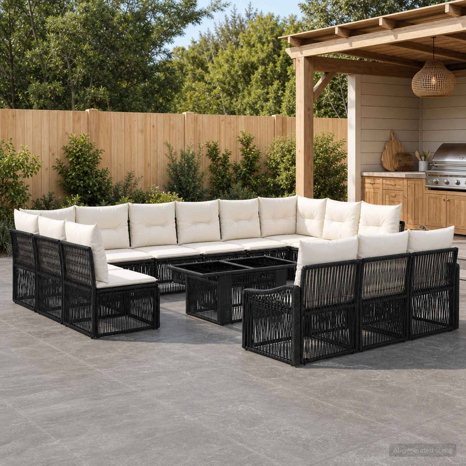 Outdoor-Terrassenbestuhlung mit schwarzen geflochtenen Rahmen und weißen Kissen, die um einen zentralen Couchtisch in einem Außenküchen- und Gartenbereich angeordnet sind.