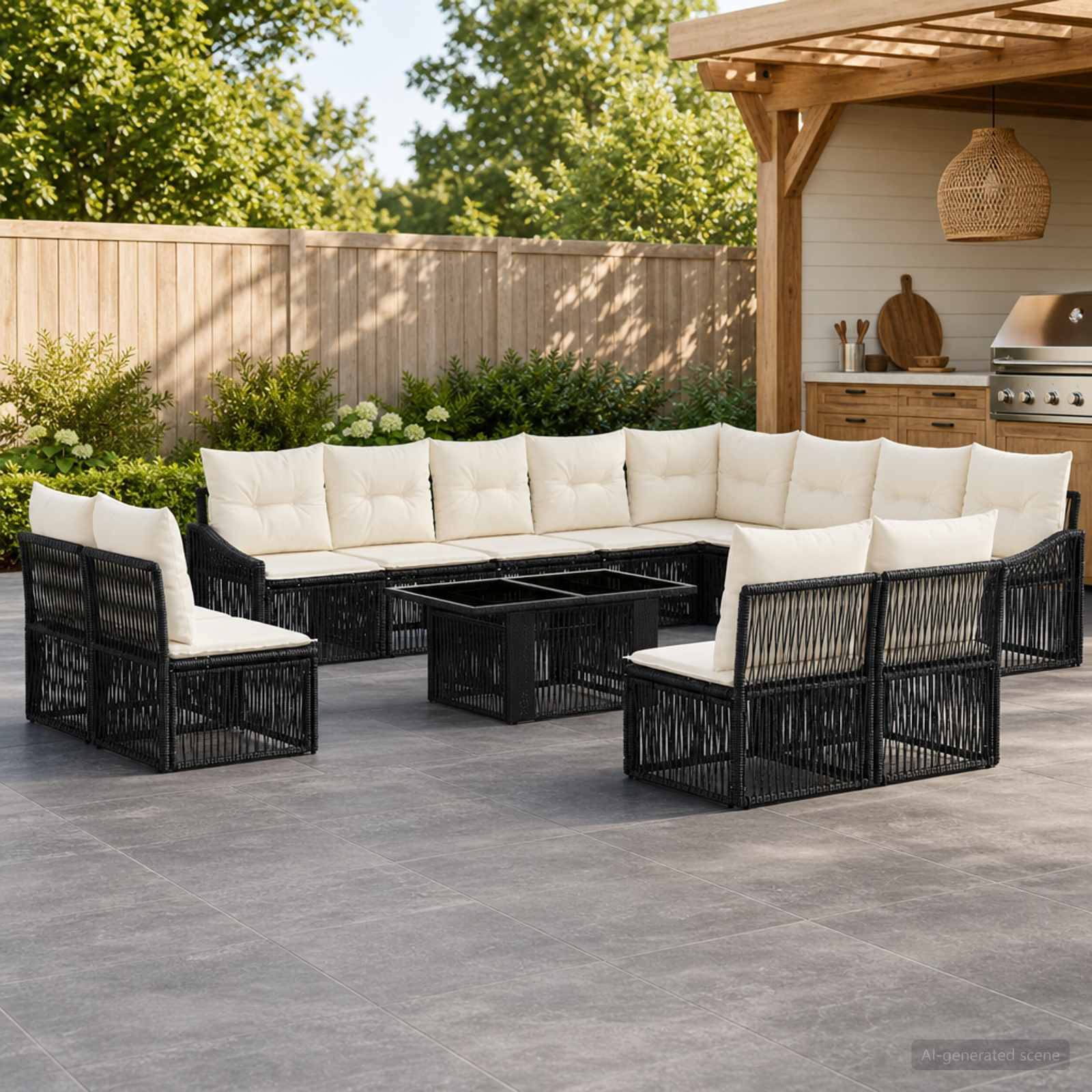 Outdoor-Sitzmöbelset mit schwarzem Rattansektional und cremefarbenen Kissen um einen zentralen Couchtisch, neben einem Grillbereich im Hinterhof.