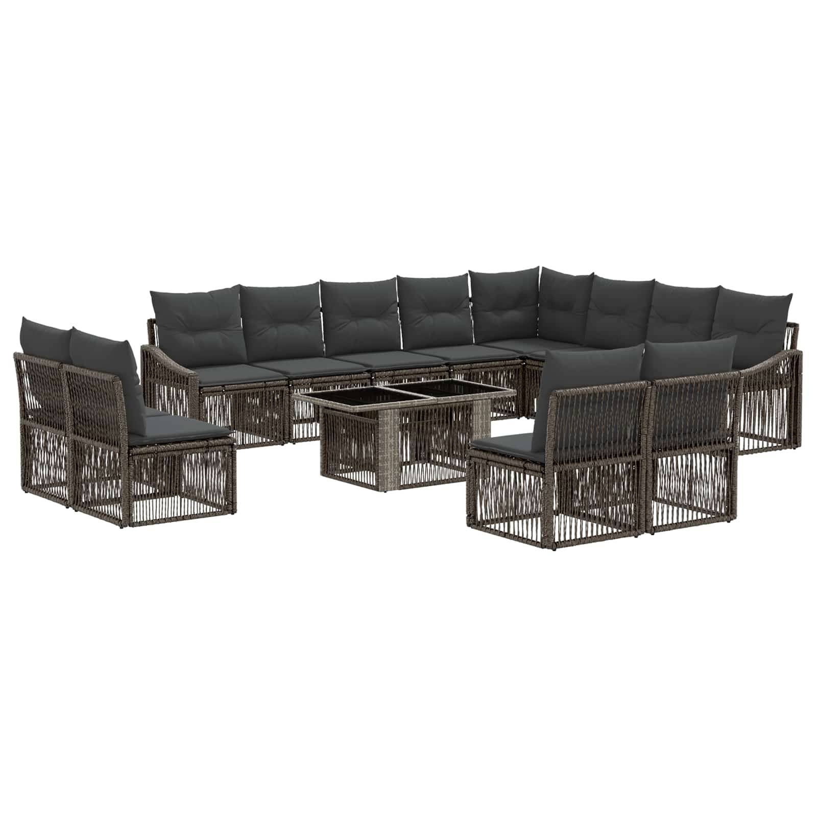 Modulares Outdoor-Patio-Ecksofa-Set mit grauen Kissen, geflochtenen dunklen Rahmen und einem Glastisch mit Ablage, das in U-Form angeordnet ist.