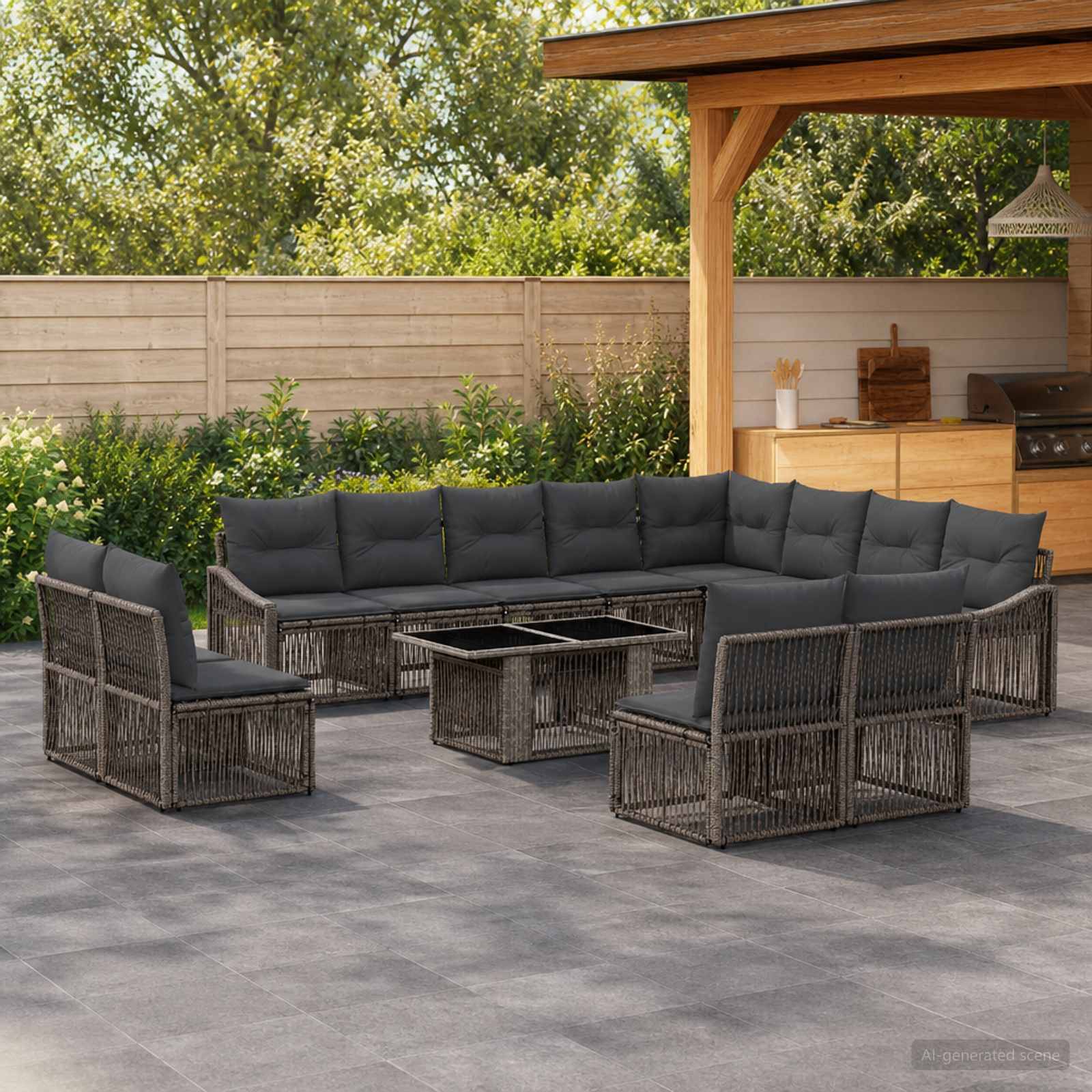 Sitzbereich auf der Außenterrasse mit grauen Rattansektionalsofas und Couchtischen unter einer Holzpergola, neben einem eingebauten Grill und einem zaungefassten Garten.