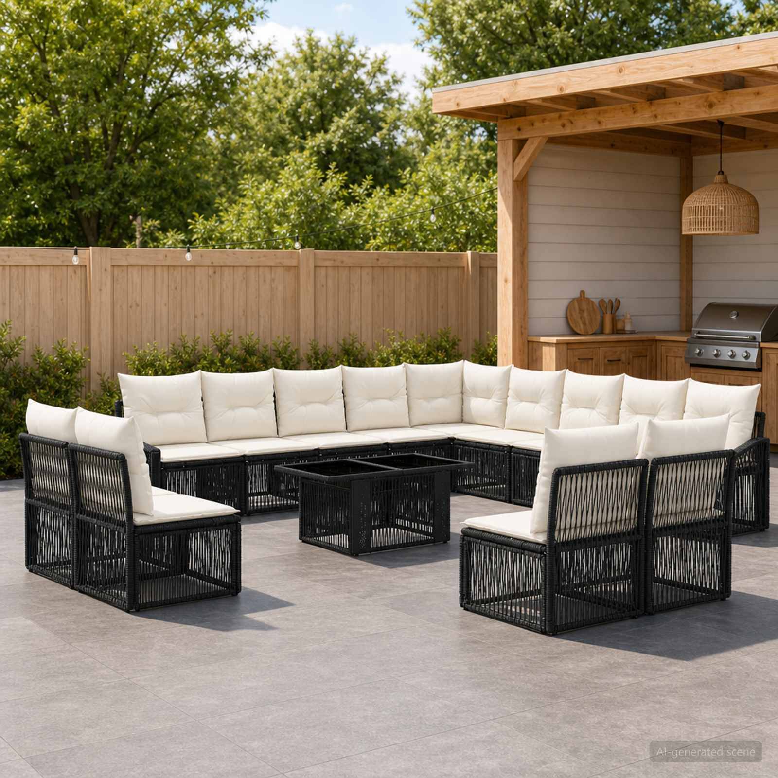 Außenbereich mit Terrasse mit schwarzen geflochtenen Sessel und weißen Kissen um einen quadratischen Couchtisch neben einer hölzernen Außenküche und einem Zaun.