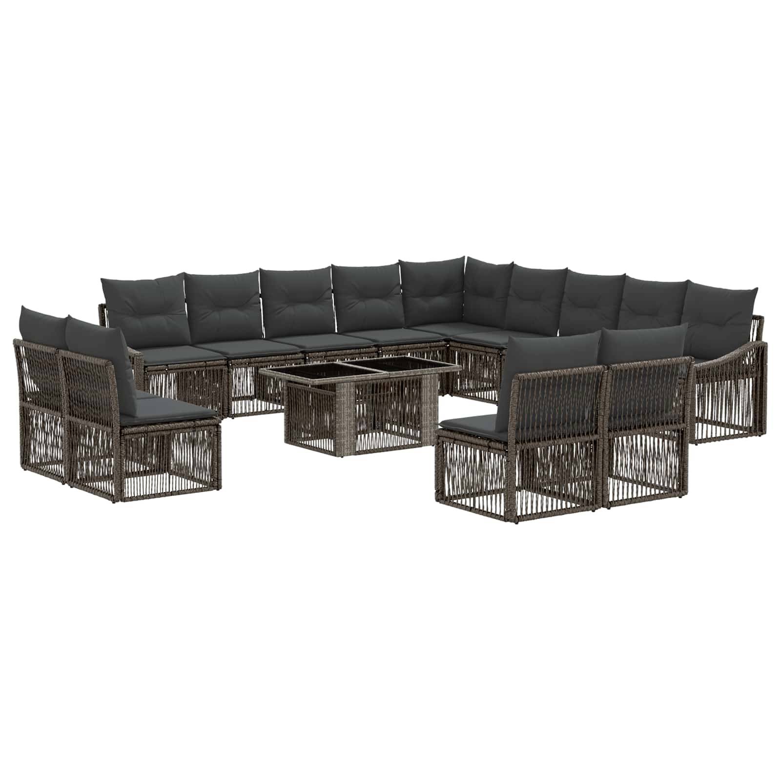 U-förmiges Garten-Polstermöbel-Set im Freien mit dunklen gewebten Rahmen, schwarzen Kissen und zwei passenden Couchtischen.