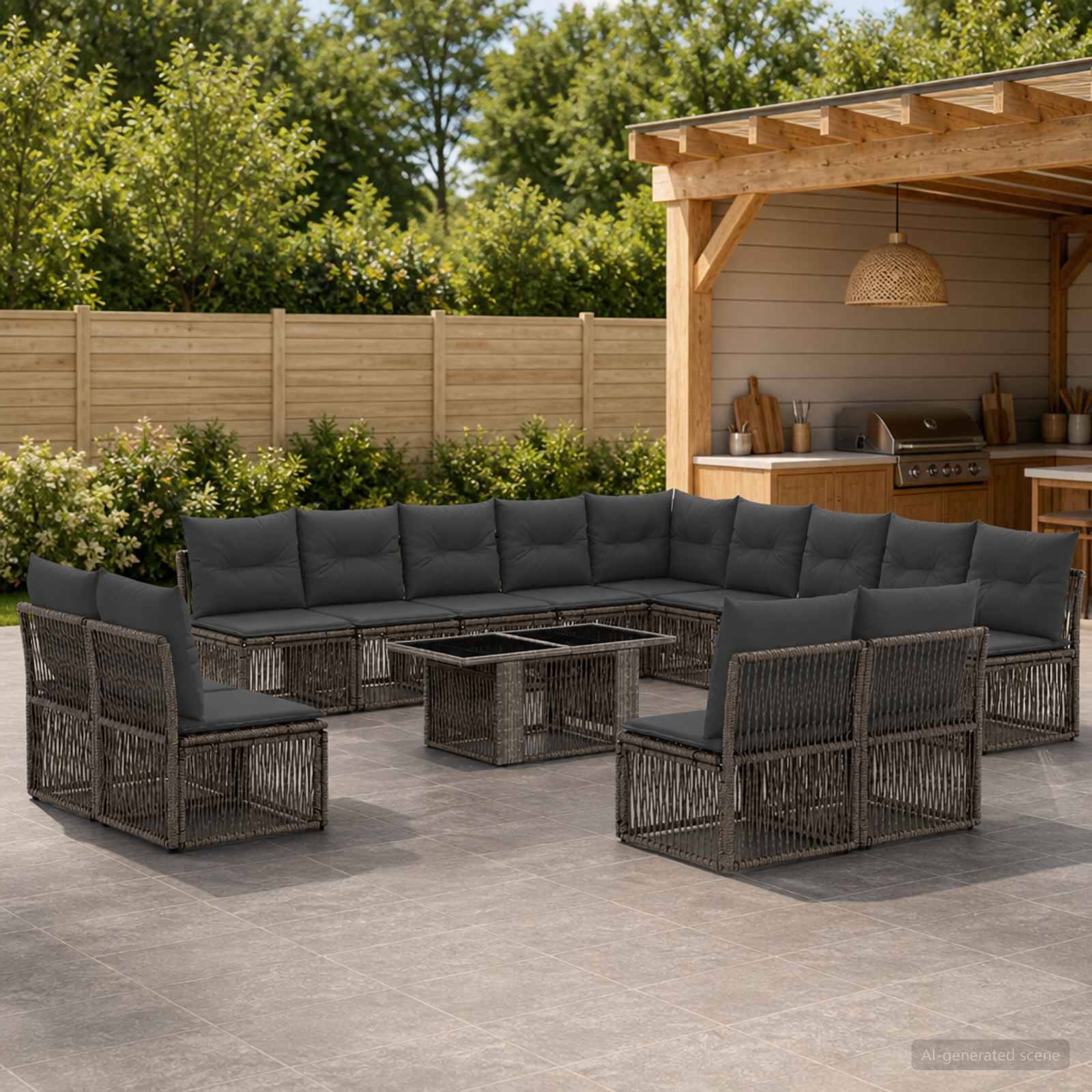 Terrasse im Freien mit dunklem Rattansektionalsofa und Couchtisch auf einem gefliesten Bereich neben einer Holz-Außenbar und einem Grill.