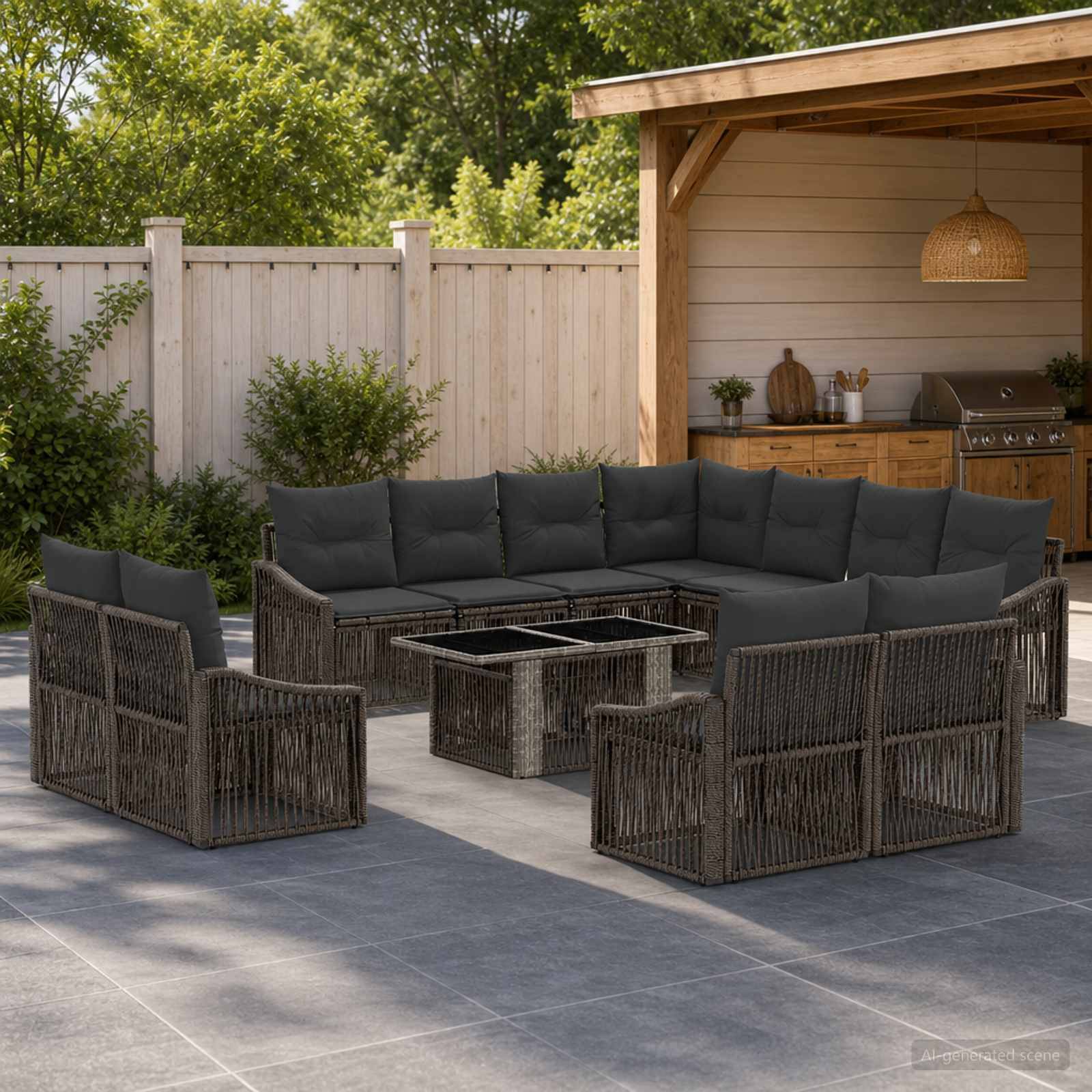 Outdoor-Sitzbereich auf der Terrasse mit dunklen Rattan-Ecksofa-Garnituren und passenden Sesseln um zwei Couchtische herum, neben einer hölzernen Pergola und einer Außenküche.
