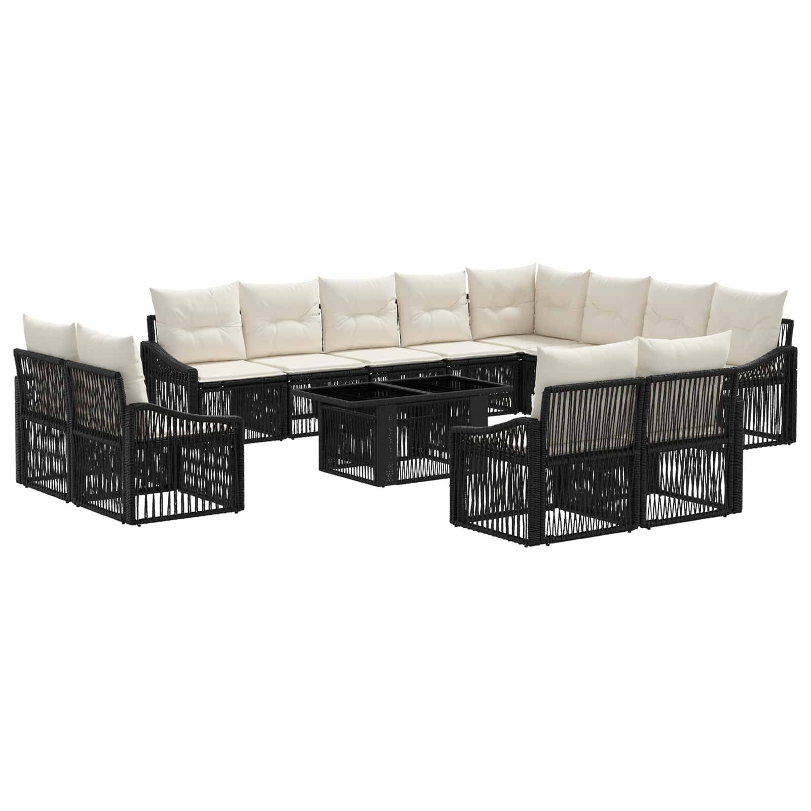 Schwarzes Rattan-Außensektor-Patio-Sofa mit beigen Kissen und passendem Glastisch in L-förmiger Anordnung.