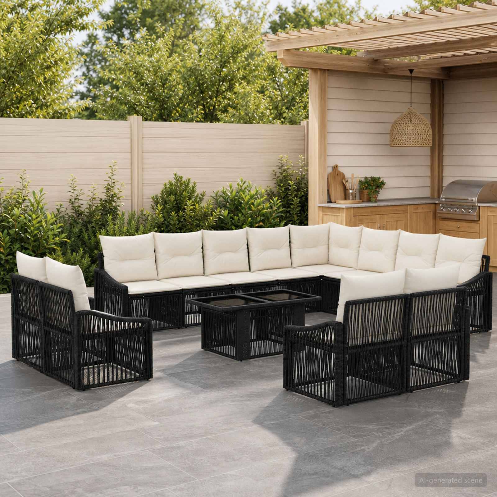 Außenbereich der Terrasse mit schwarzen Rattansektionalsesseln, cremefarbenen Kissen und einem zentralen Couchtisch neben einer Pergola im Hinterhof und einem Grill.