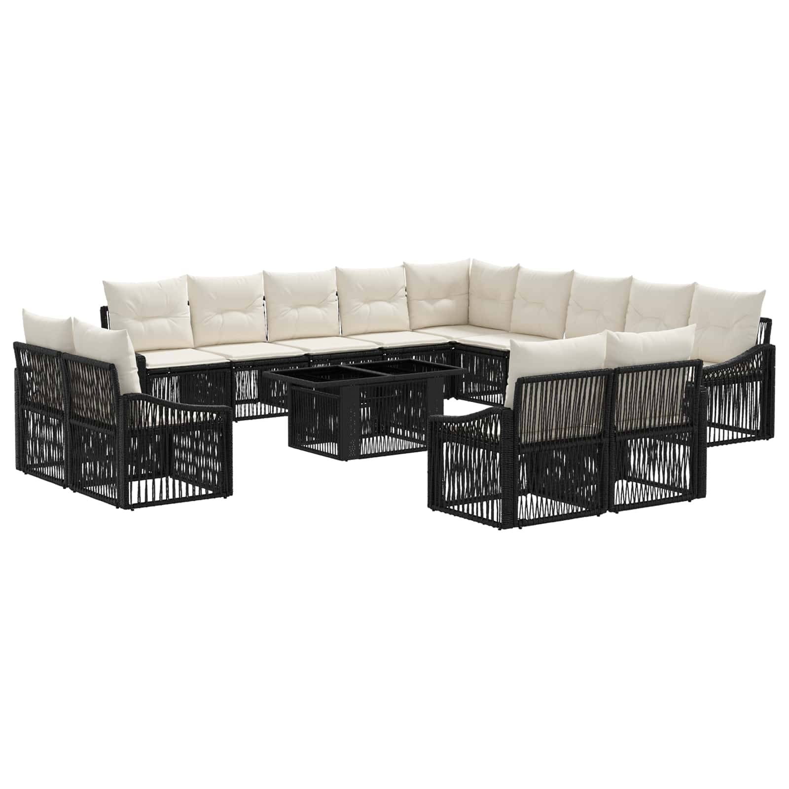 Schwarzes Polyrattan-Ecksofa für die Terrasse mit cremefarbenen Kissen und passendem schwarzem Couchtisch auf weißem Hintergrund.