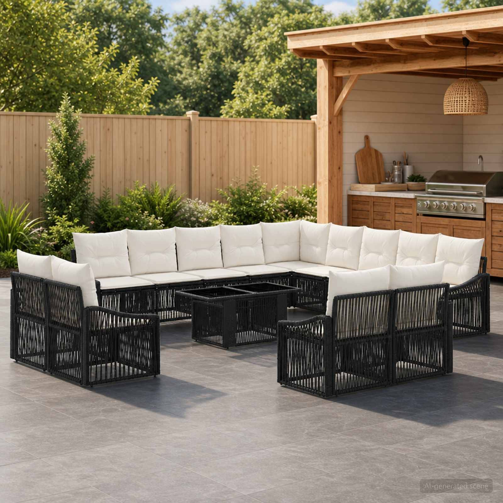 Outdoor-Sitzkombination auf der Terrasse mit schwarzem Polyrattan-Ecksofa und weißen Kissen, die um einen zentralen Tisch angeordnet sind, neben einer Gartenküchenlaube.