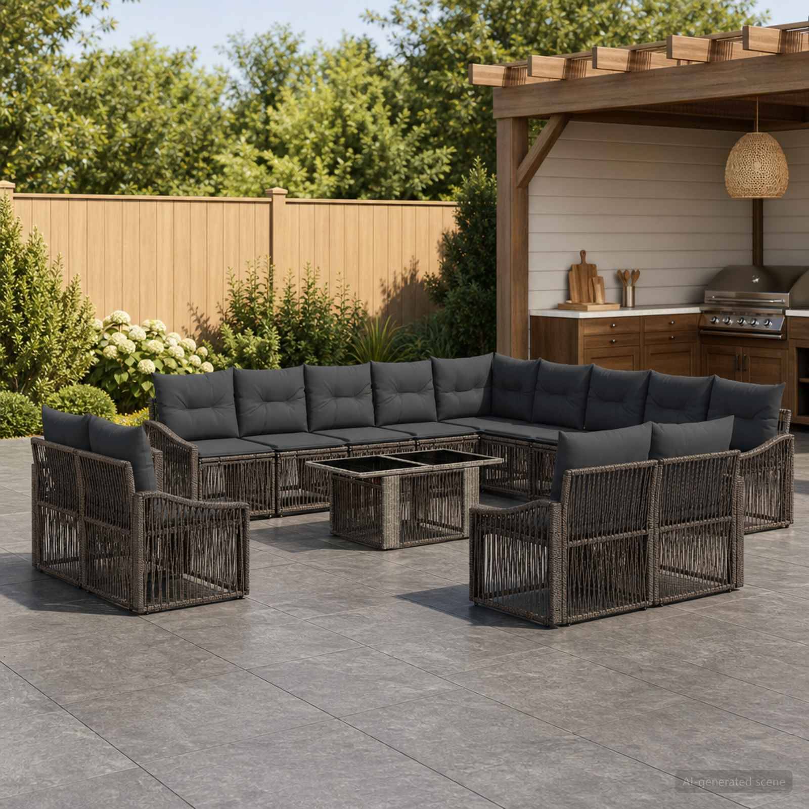 Terrasse im Freien mit dunklen Rattanmöbeln in Eckform und passenden Sesseln um einen niedrigen Tisch, neben einer überdachten Grillstation und einem Zaun.