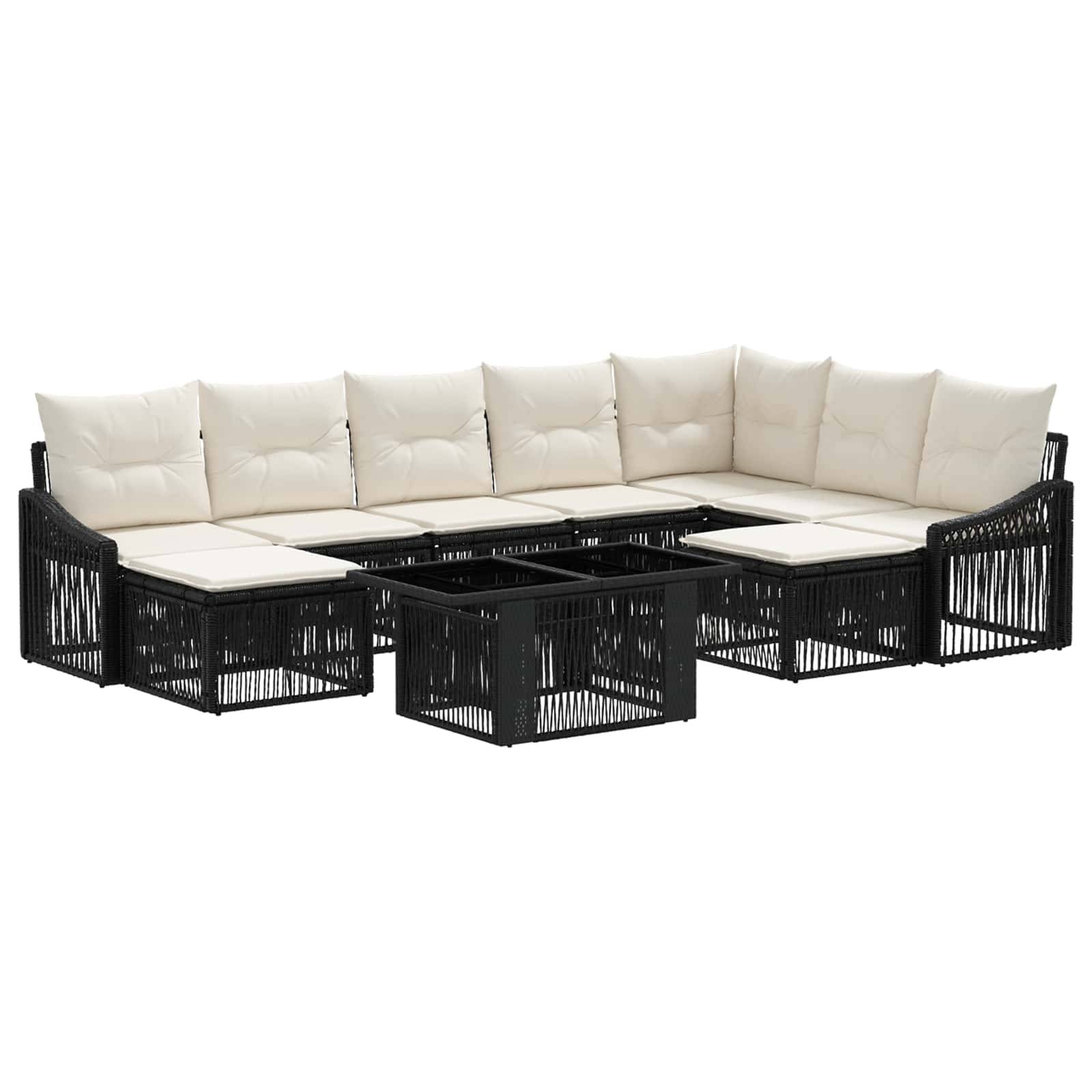 Schwarzes Rattan-Außensofa mit cremefarbenen Kissen und integrierten Schubladen zur Aufbewahrung, in L-Form auf weißem Hintergrund angeordnet