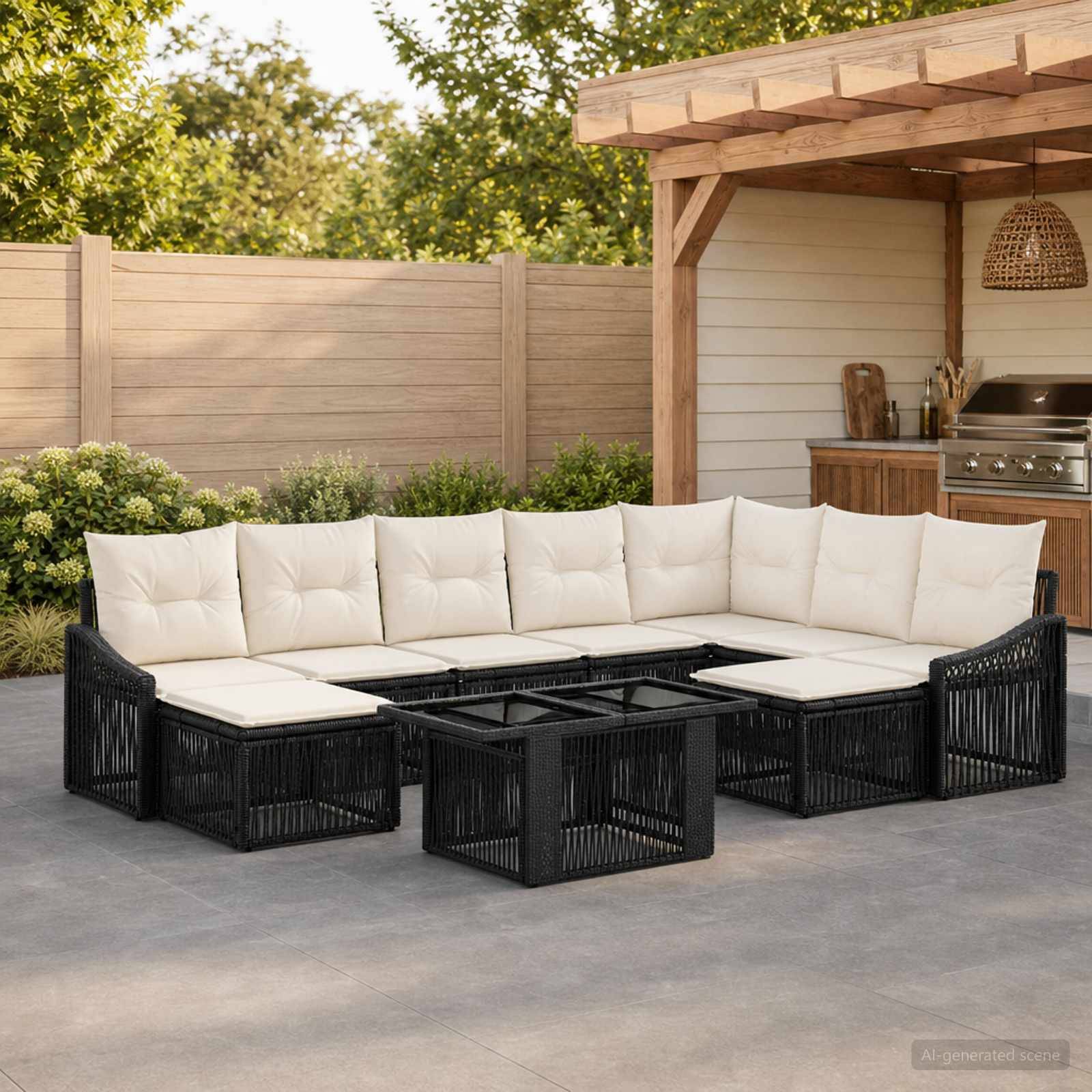 Terrassenbereich im Freien mit schwarzer Rattansektionalsofa und weißen Kissen, die um einen quadratischen Couchtisch angeordnet sind, neben einer Gartenlaube und einem Grill.
