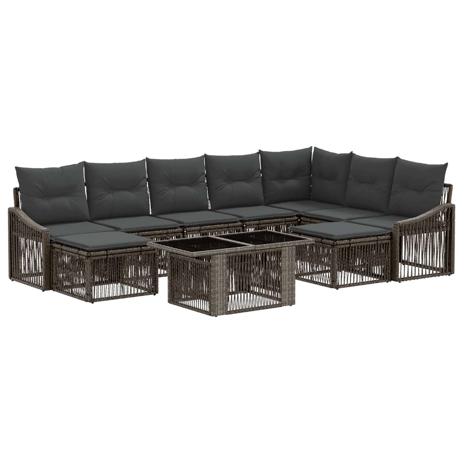 Dunkles Rattan-Außenecksofa mit grauen Kissen und passenden Couchtischen, dargestellt auf weißem Hintergrund.
