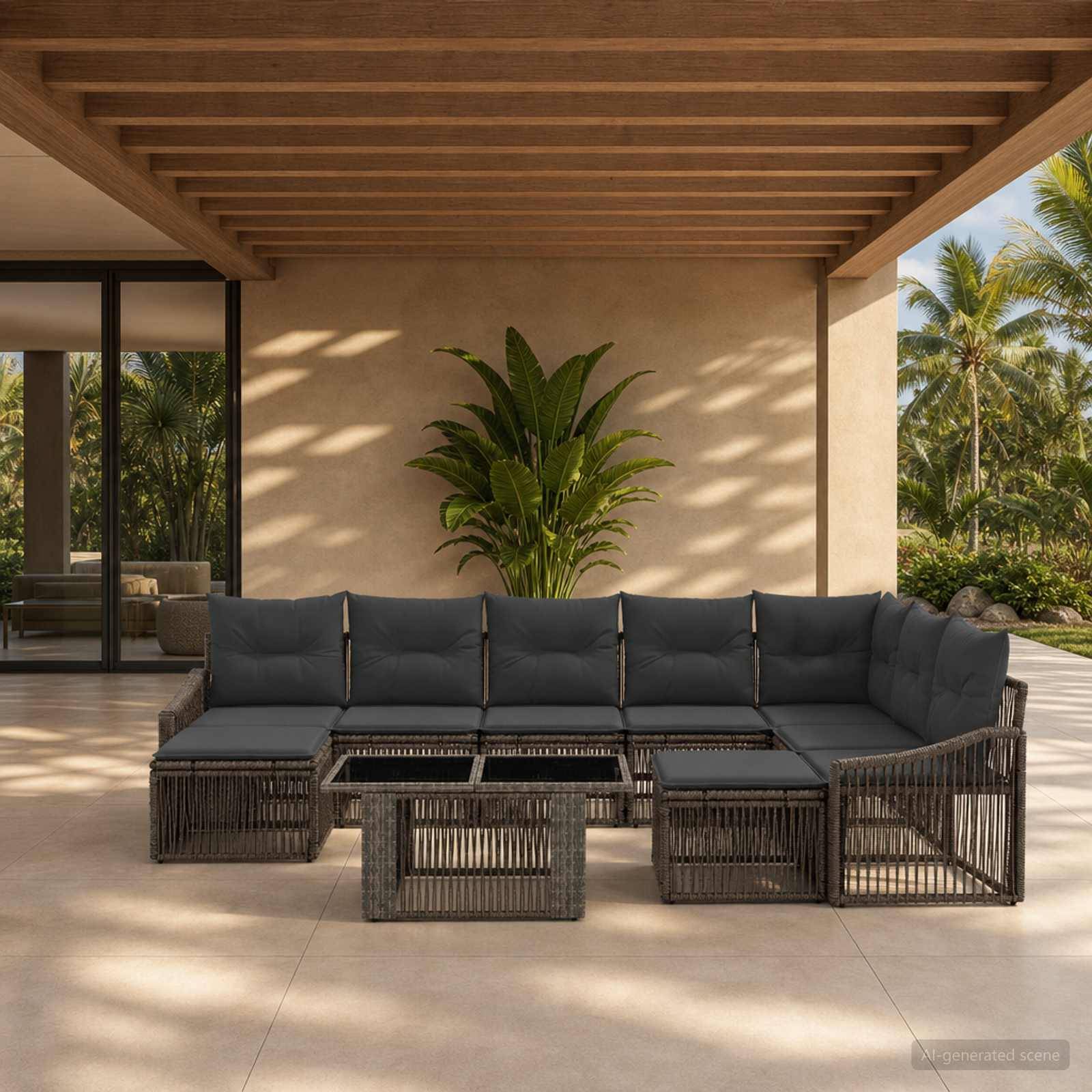 Moderne überdachte Terrasse mit dunklem Rattan-Ecksofa und Couchtisch, vor einer beigen Wand fotografiert, mit einem Topfpalmen und tropischer Begrünung draußen.