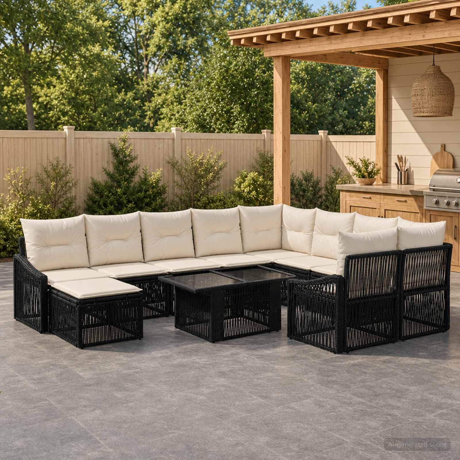 Außenbereich der Terrasse mit einem schwarzen Polyrattan-Ecksofa, cremefarbenen Kissen und Glastisch-Couchtischen neben einer überdachten Küche/Bar.