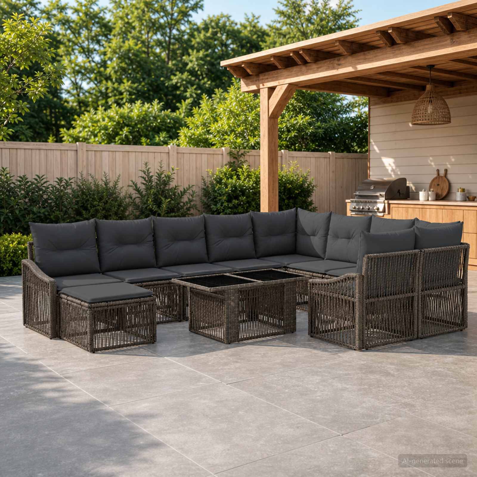 Outdoor-Terrasse mit einer dunklen Polyrattan-Sitzgruppe und passenden Couchtischen, die um eine Feuerstelle angeordnet sind, neben einer Holzpergola und einer Außenküche.