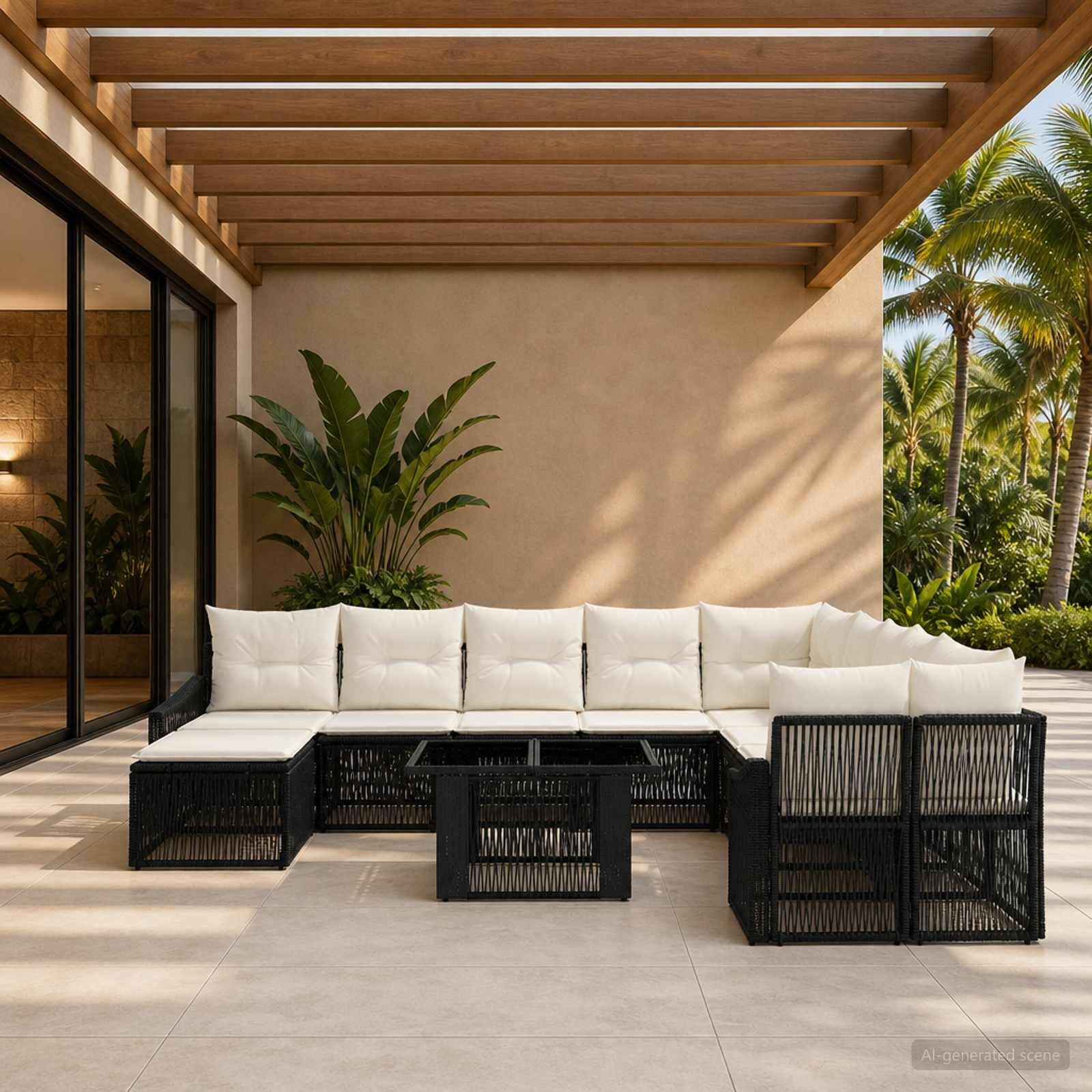Moderner Außenbereich der Terrasse mit weißem gepolstertem Ecksofa, schwarzen Flechtrahmen, Pergola über Kopf und tropischen Pflanzen.