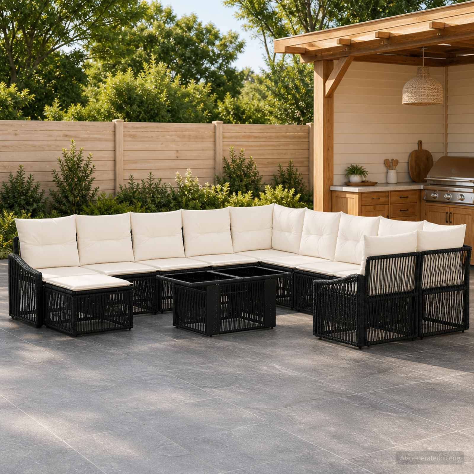 Moderner Außenpatio-Sitzbereich mit schwarzem Rattan-Ecksofa, cremefarbenen Kissen und passenden Couchtischen neben einer Holzpergola und eingebautem Grill.