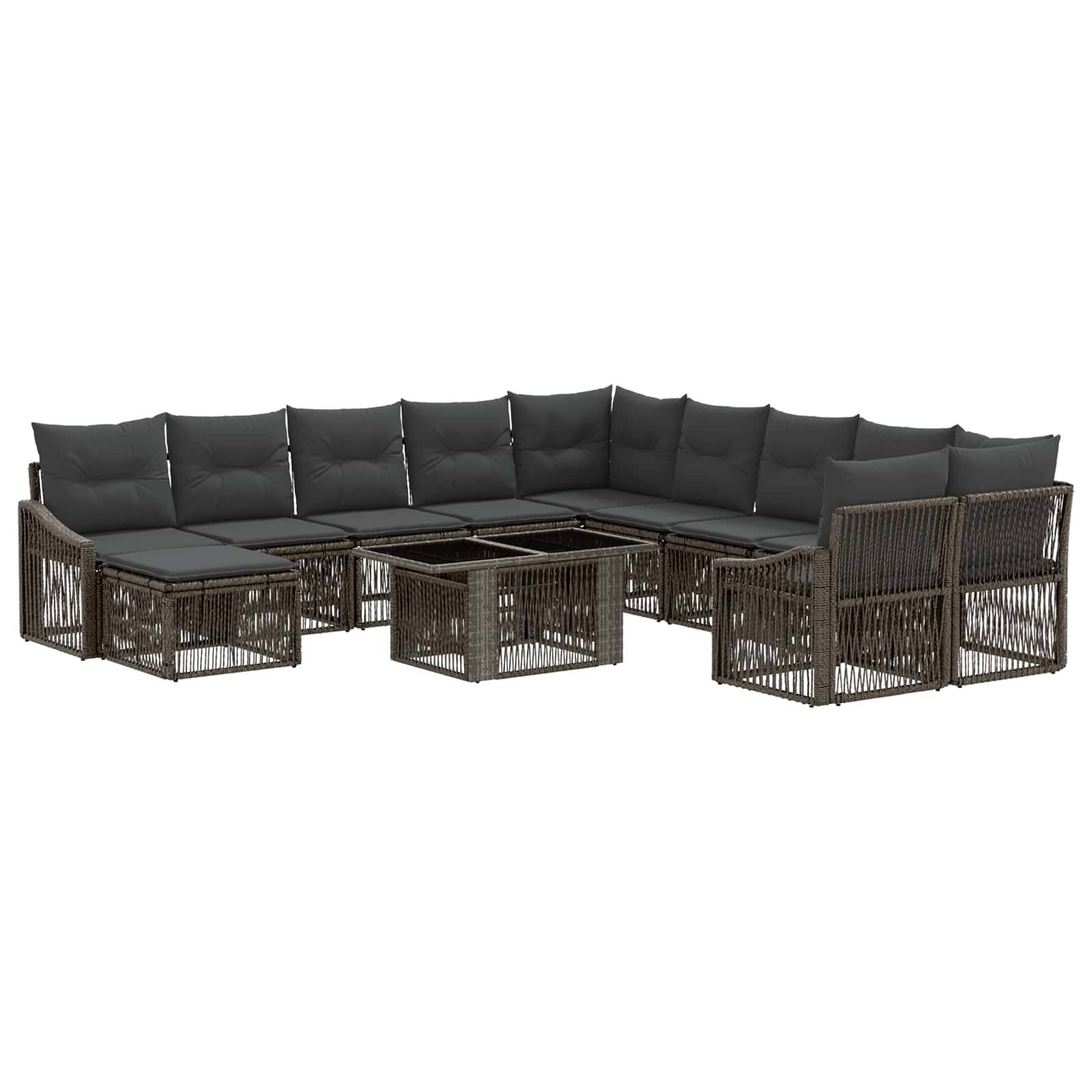 Dunkle braune Outdoor-Ecksofa-Set mit schwarzen Kissen und gewebter würfelförmiger Basis auf weißem Hintergrund.