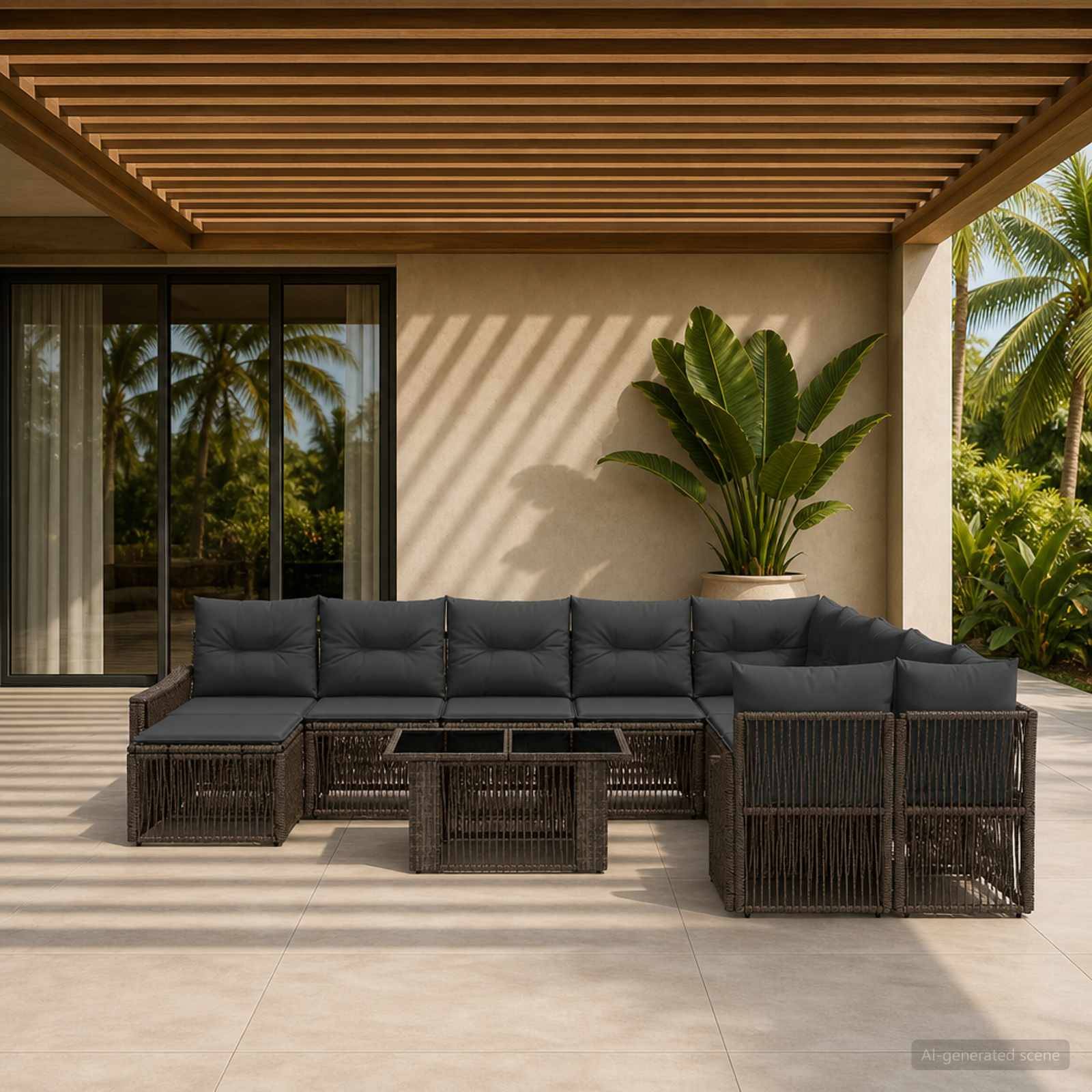 Outdoor-Terrasse mit dunklem Korbgeflecht-Ecksofas unter einer Lamellenpergola, neben Glasschiebetüren und tropischen Pflanzen.