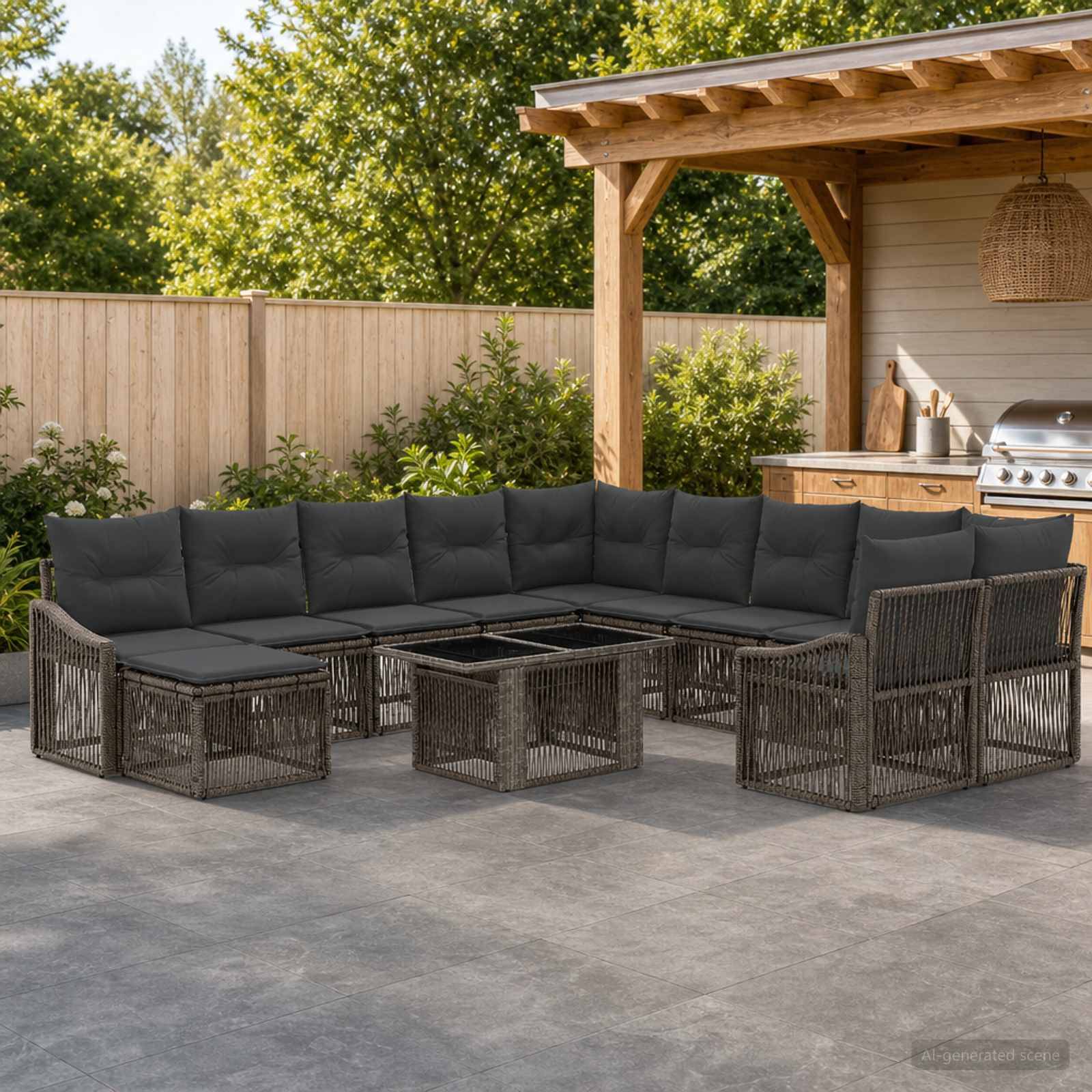 Terrassensektor im Freien mit dunklem Rattanecksofa um einen quadratischen Couchtisch neben einer Holzpergola und einem Grillbereich im Hinterhof.